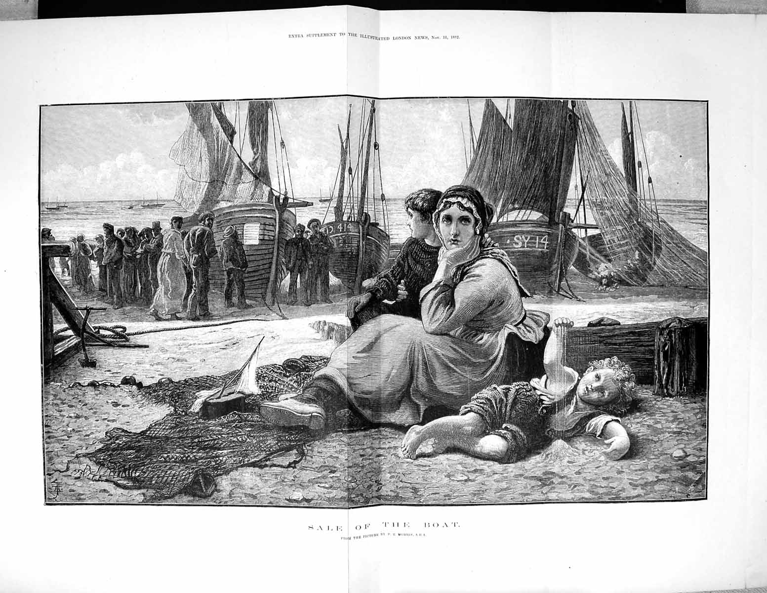 Old 1882 Sale Boat Fishing Family Beach Seaside Scene Morris Fine Art 19th