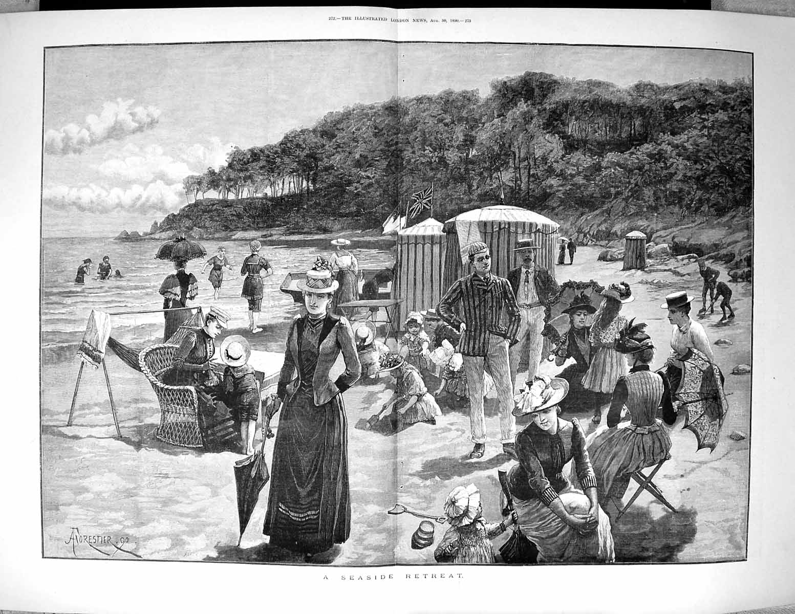 Old 1890 Seaside Retreat Family Recreation Beach Scene Forestier Fine 19th