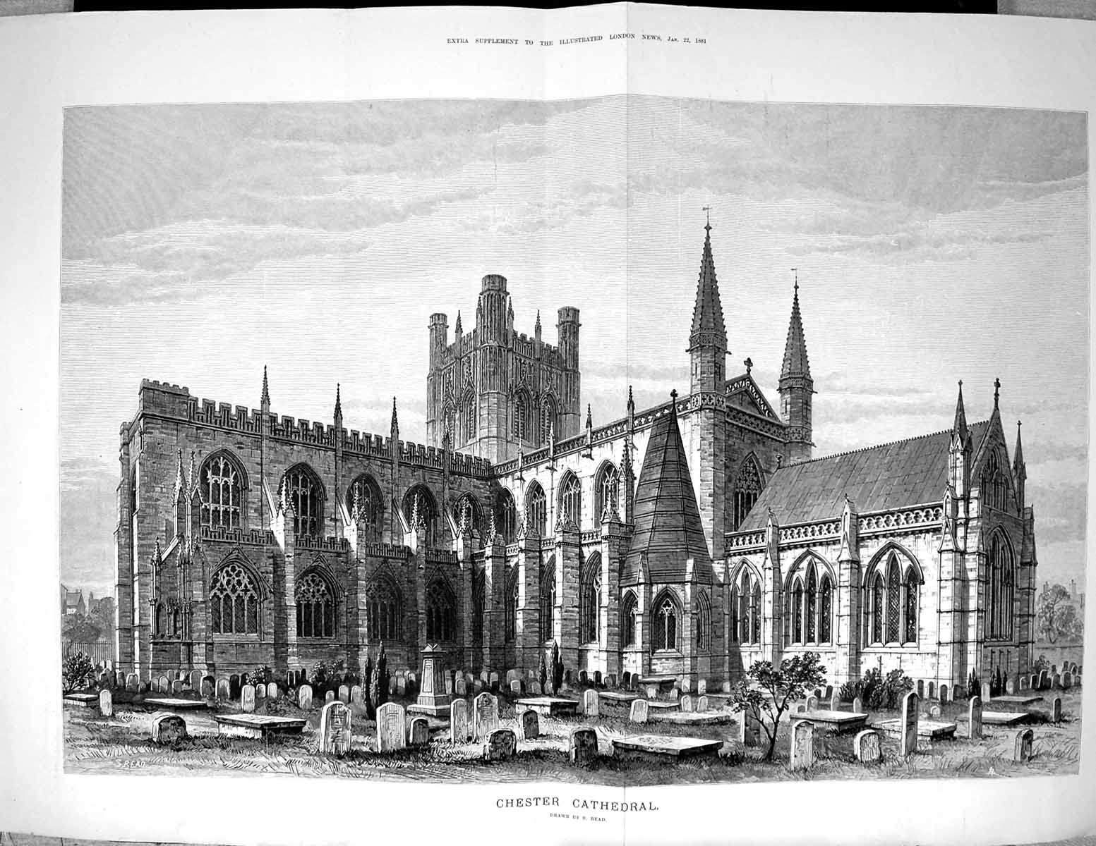 Old Antique Print 1881 Exterior Chester Cathedral England Architecture 19th