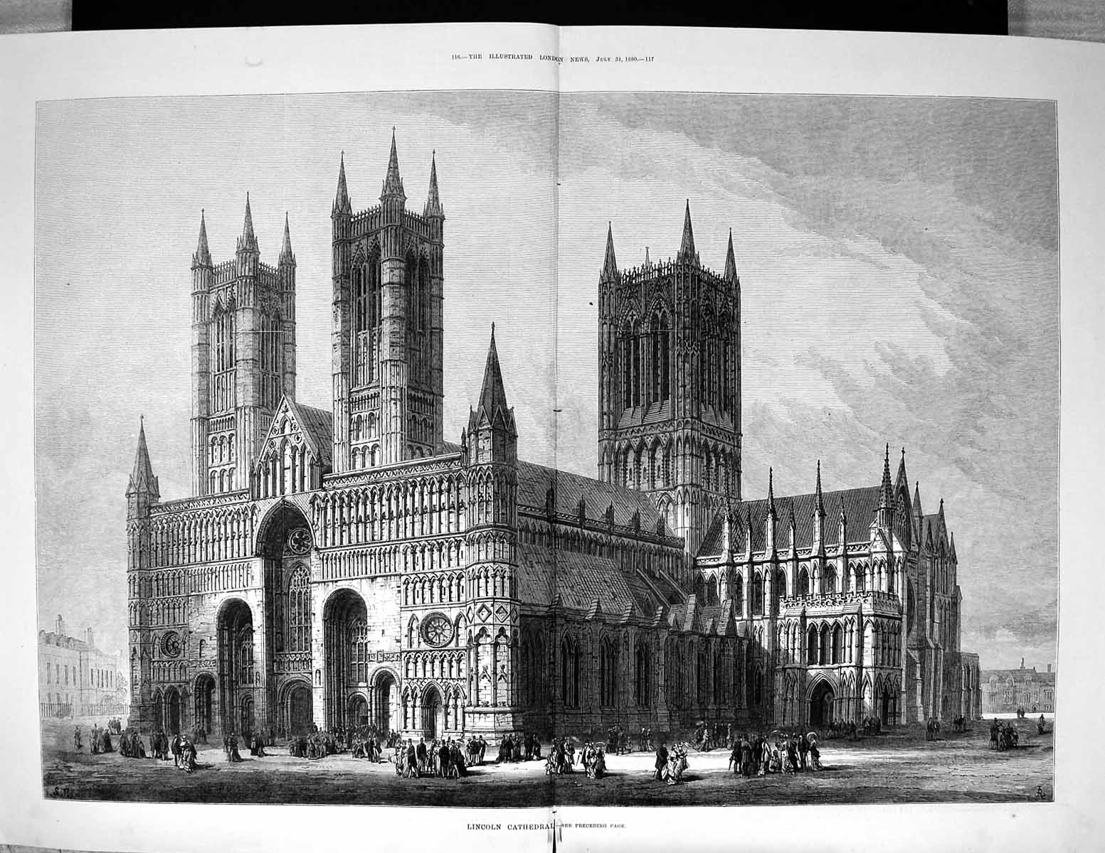 Old Print 1880 Exterior Lincoln Cathedral England Architecture Fine Art 19th