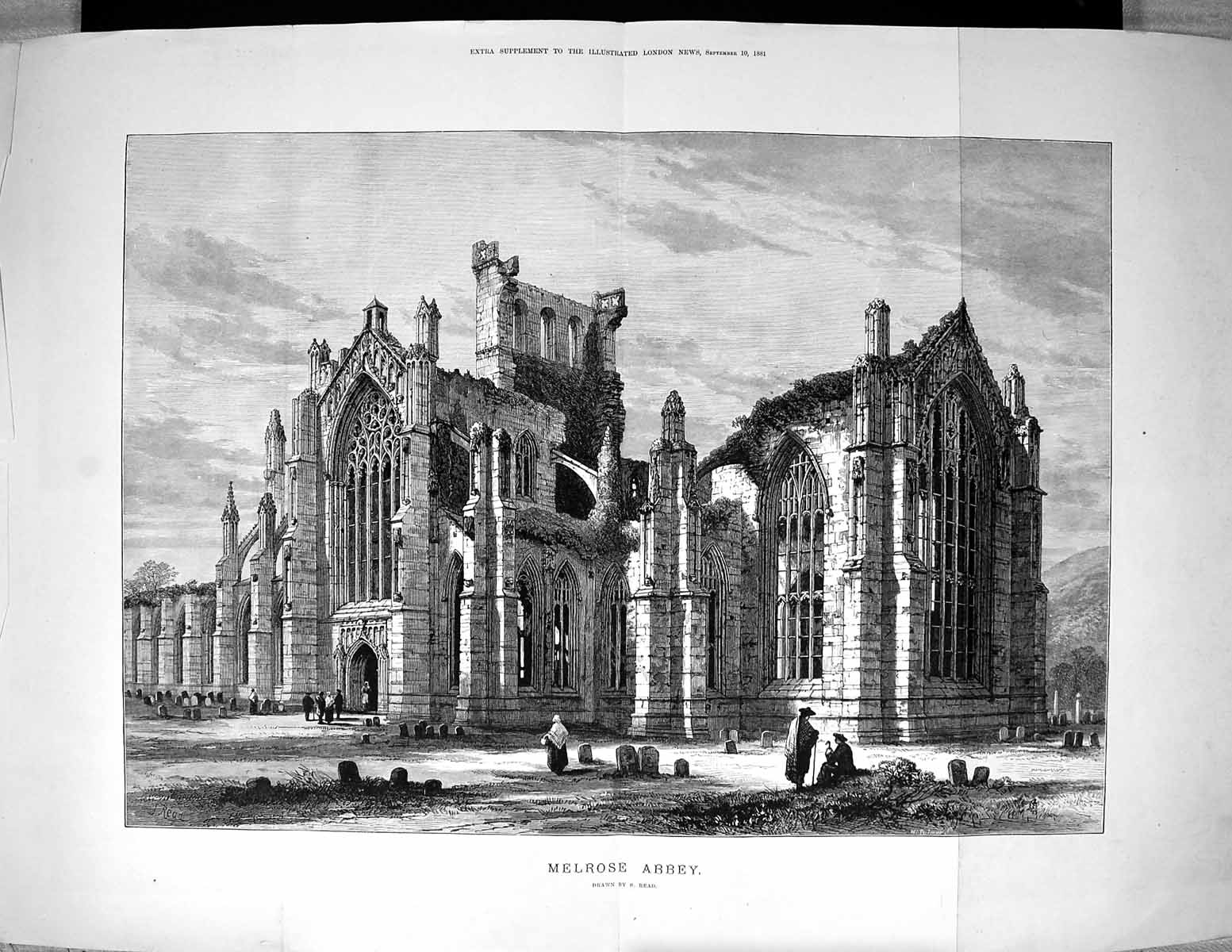 Old Antique Print 1881 Ruins Melrose Abbey England Architecture Fine Art 19th