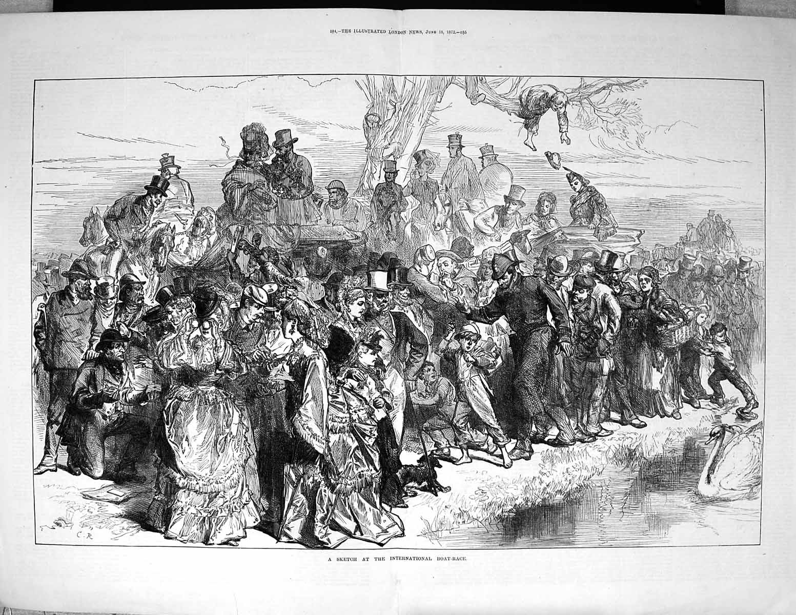 Original Old Antique Print 1872 International Boat Race Sport Spectators 19th