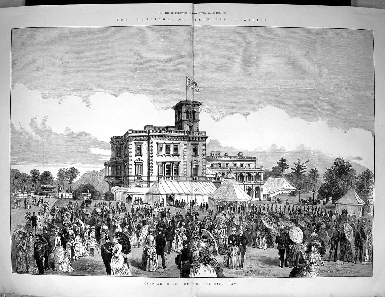 Antique Old Print 1885 Marriage Princess Beatrice Osborne House Architecture
