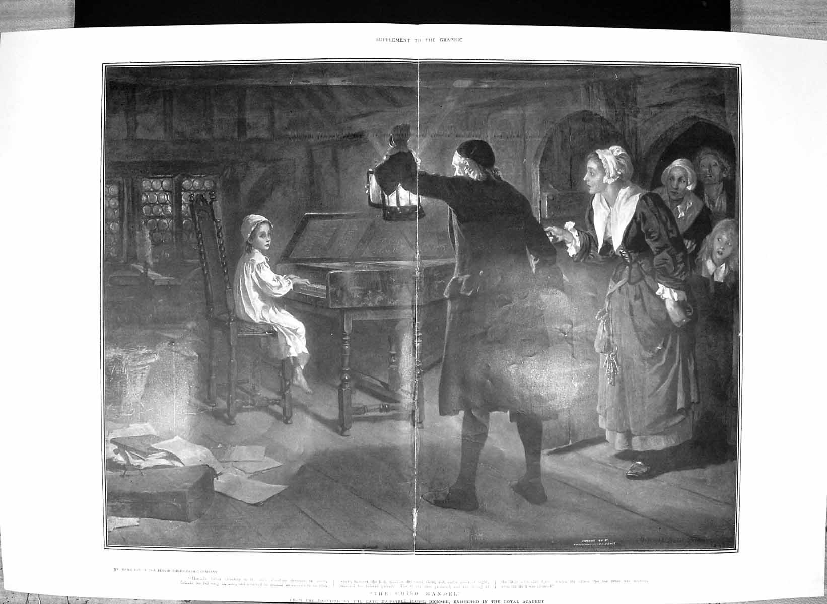 Original Old Antique Print Child Handel Music Piano Margaret Dicksee