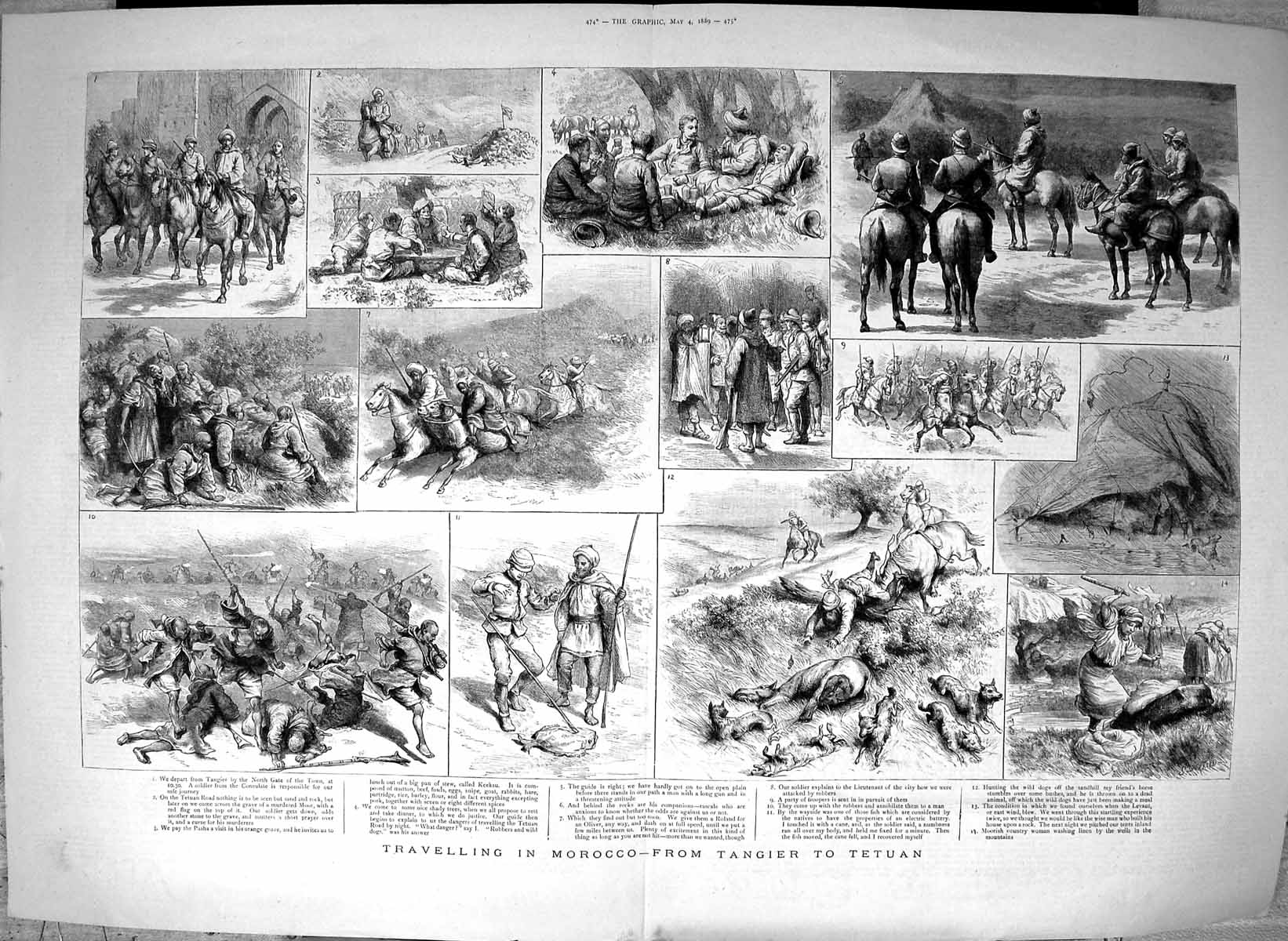 Antique Old Print 1889 Travelling Morocco Tangier Tetuan Hunting Keeksu Stew