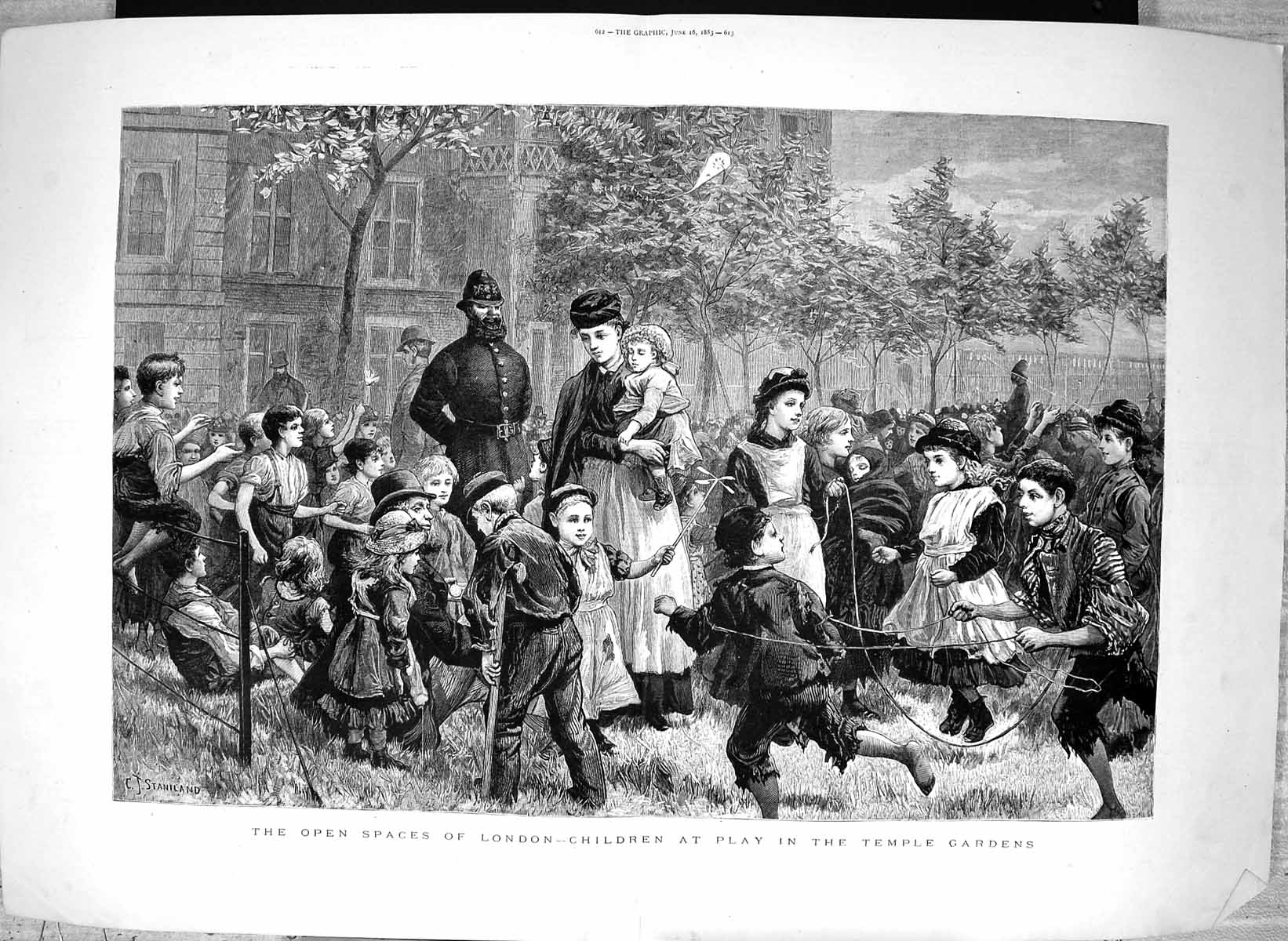 Old Antique Print 1883 London Children Playing Temple Gardens Staniland 19th