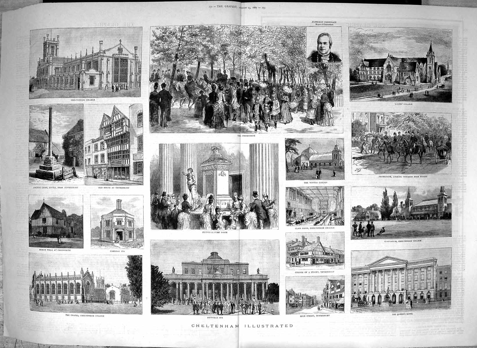 Old Print 1887 Cheltenham Alderman Parsonage Pittville Tewkesbury Hotel 19th