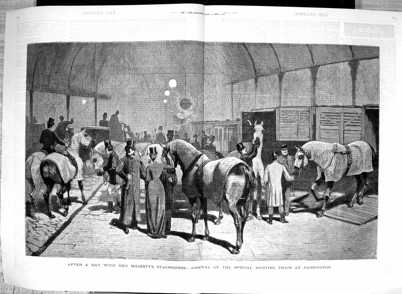 Old Antique Print 1882 Arrival Paddington Railway Station Hunting Horses 19th