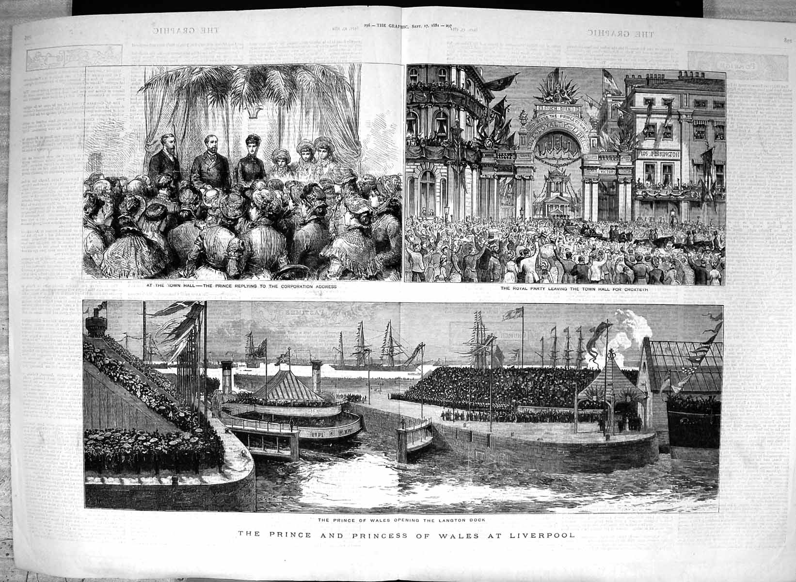 Antique Old Print 1881 Prince Wales Liverpool Langton Dock Ships Town Hall