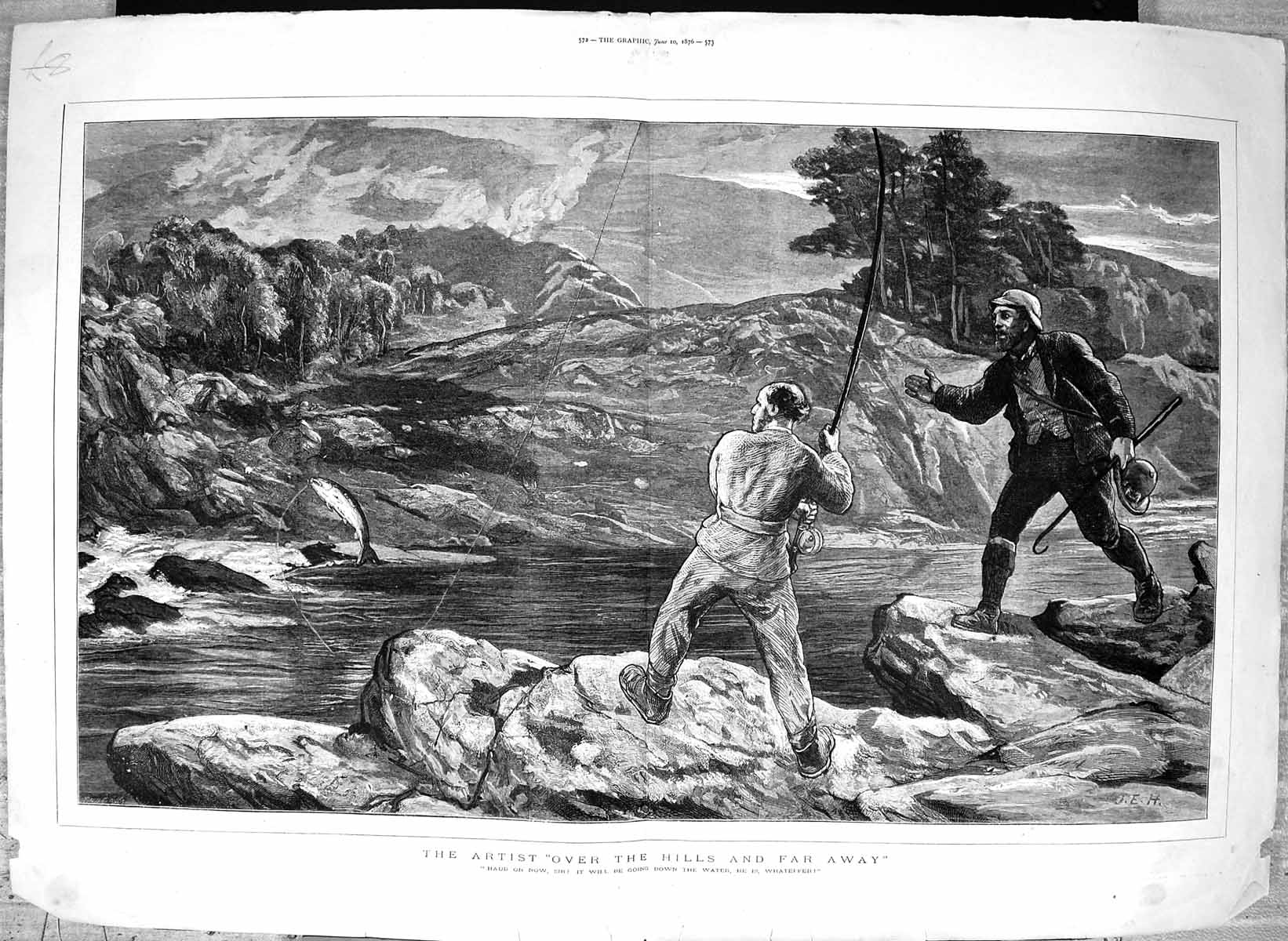 Antique Old Print Fine Art 1876 River Scene Fishing Angling Fishermen Sport