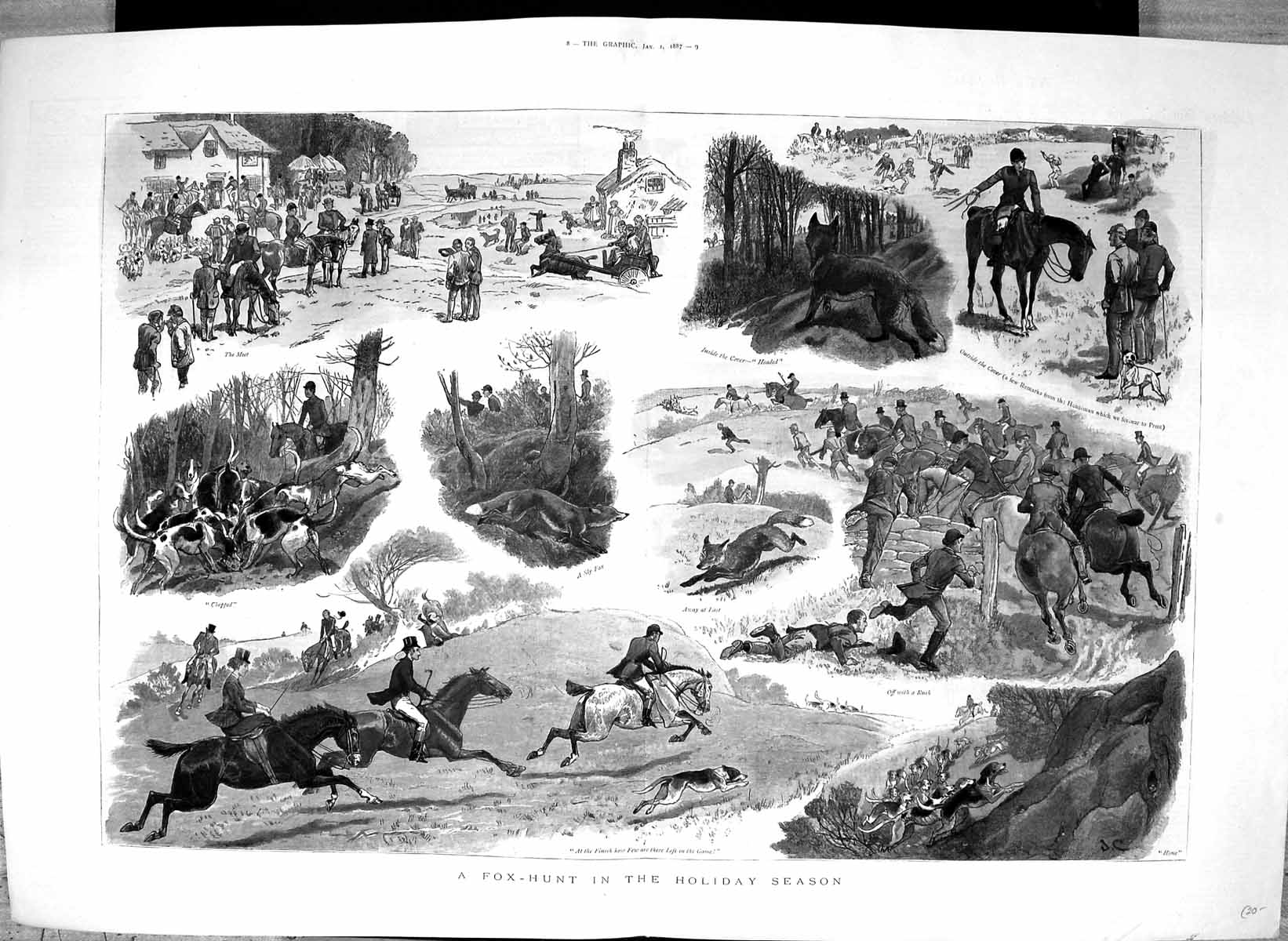 Old Antique Print 1887 Fox Hunting Holiday Season Horses Hounds Huntsmen 19th