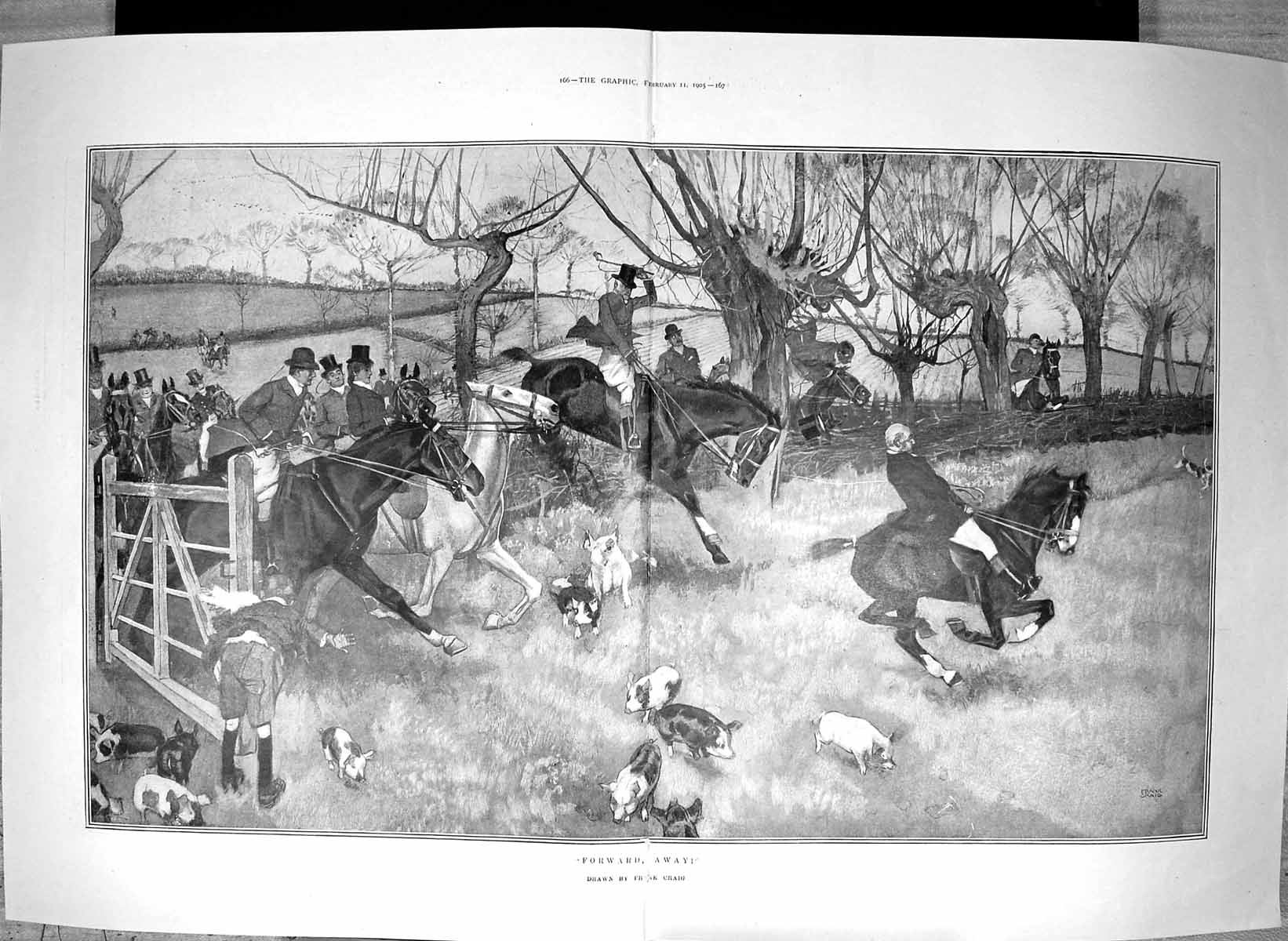 Original Old Antique Print 1905 Hunting Scene Horses Runnaway Pigs Frank Craig