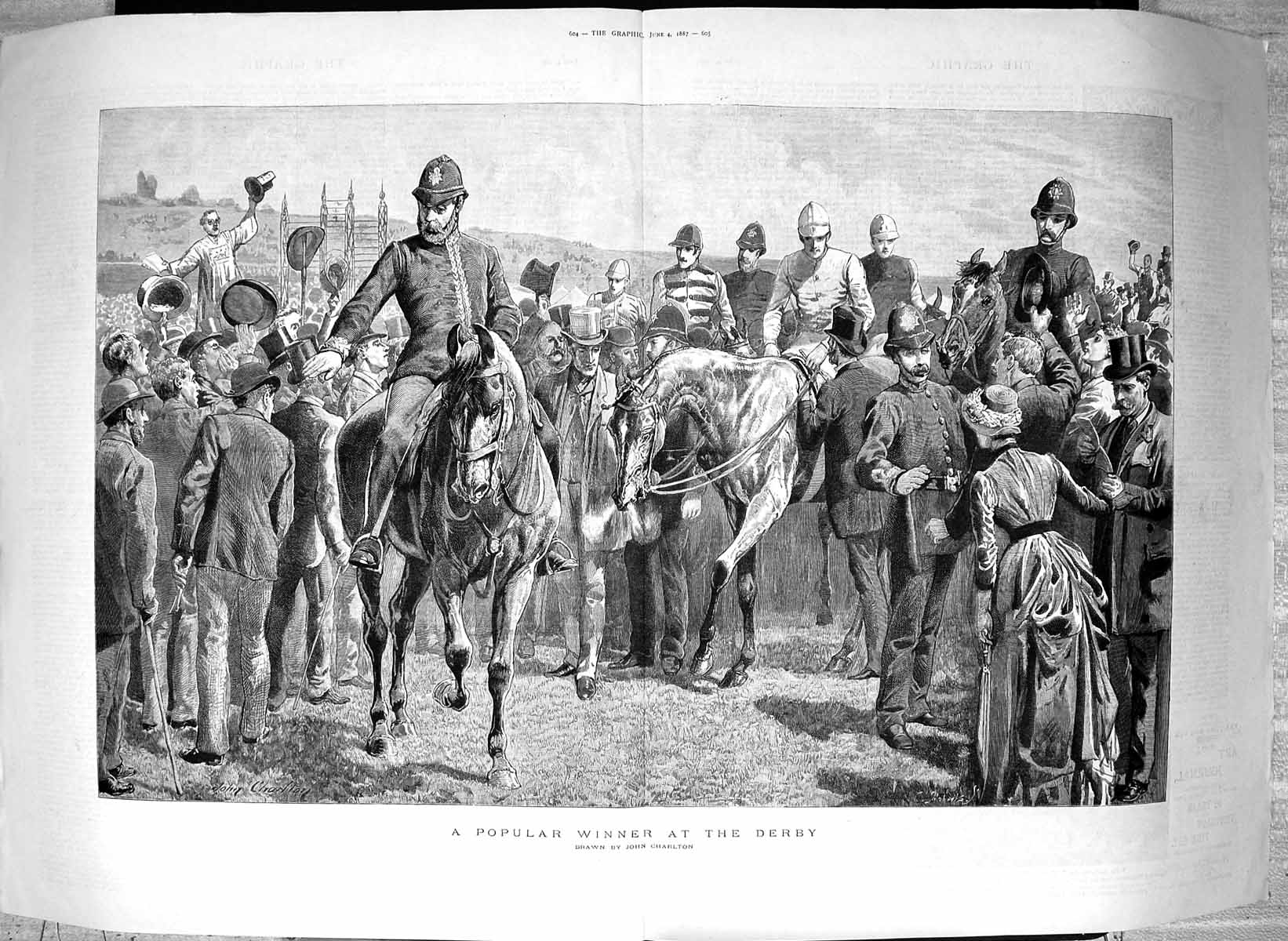 Antique Old Print 1887 Horse Racing Winner Derby Jockeys Policemen Charlton