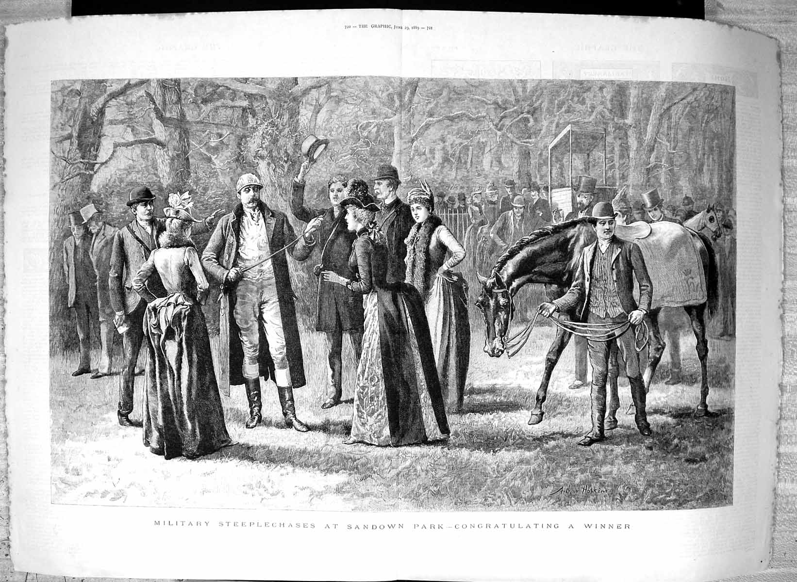 Antique Old Print 1889 Military Steeplchase Sandown Park Horse Racing Sport