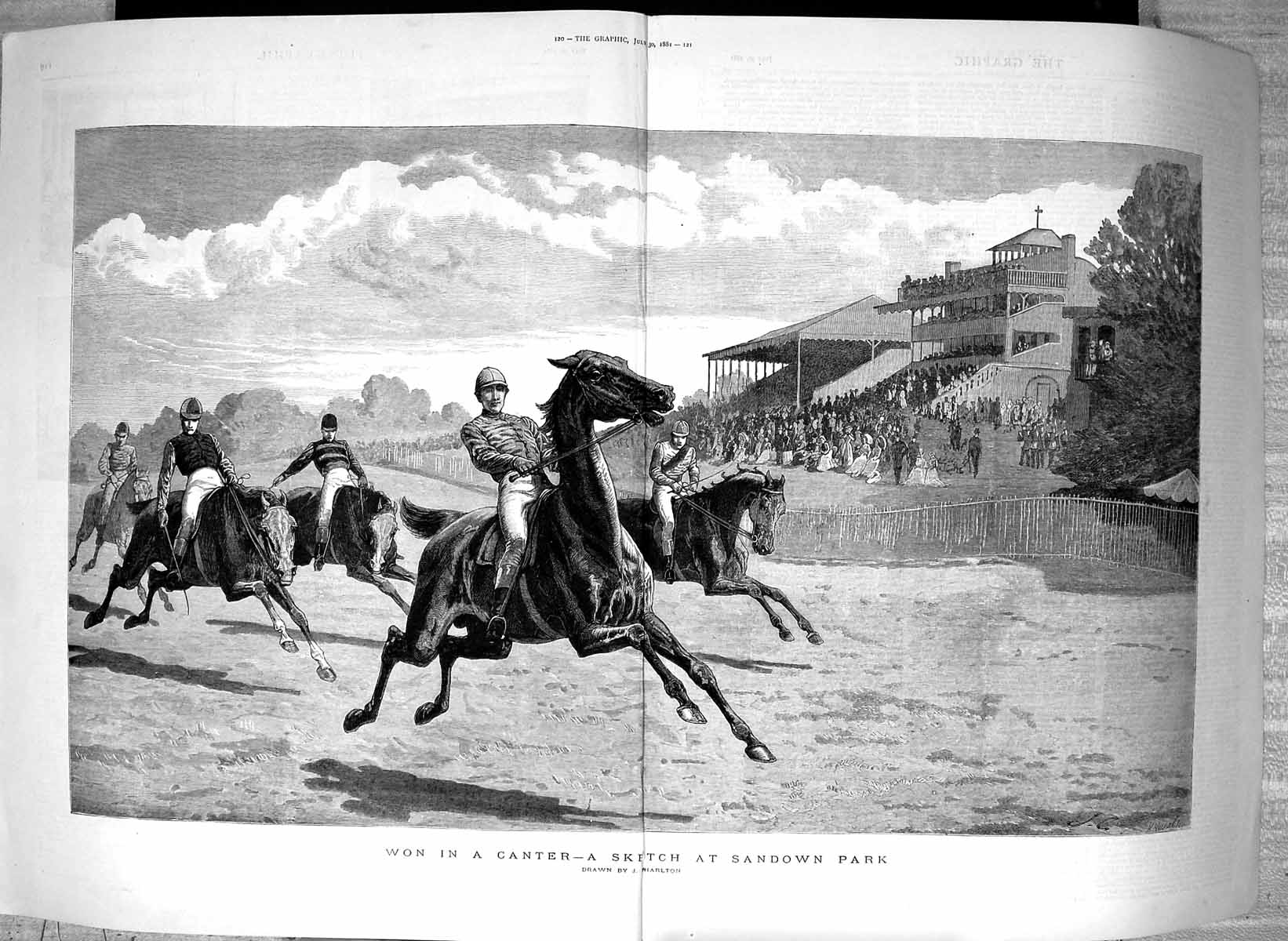 Original Old Antique Print 1881 Horse Racing Sport Sandown Park John Charlton