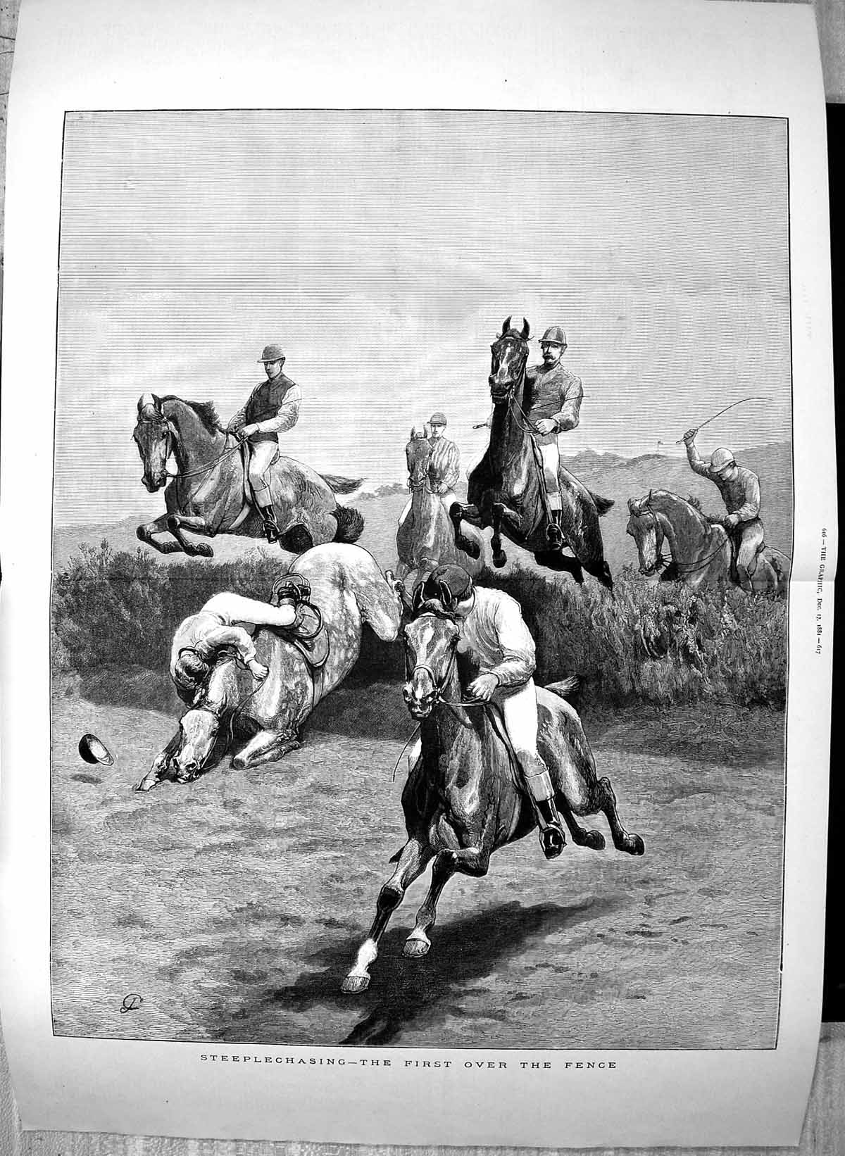 Antique Print 1881 Steeplechase Horse Racing Jumpjng Fences Jockeys Sport 19th