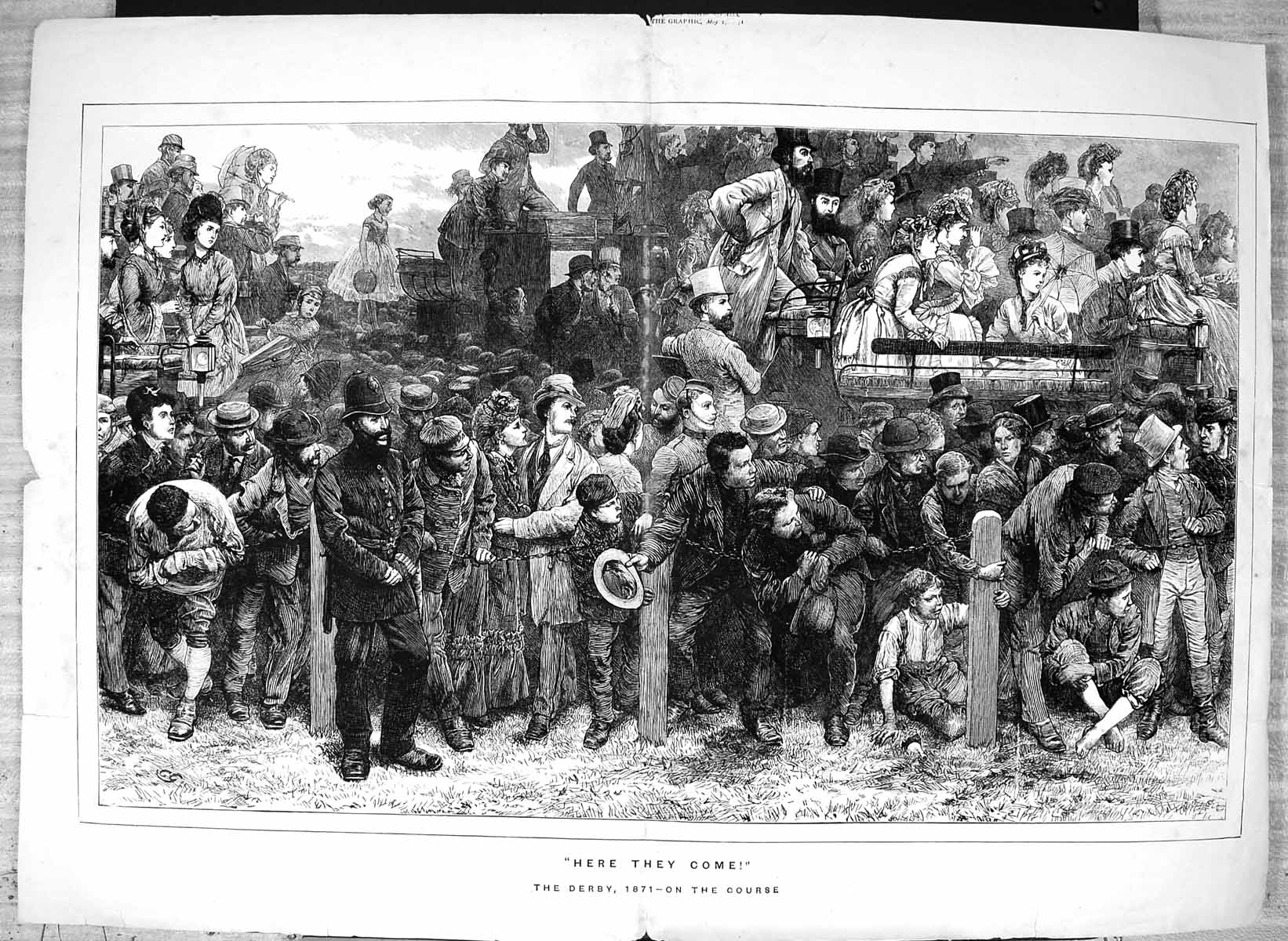 Original Old Antique Print 1871 Derby Horse Racing Course Spectators Sport