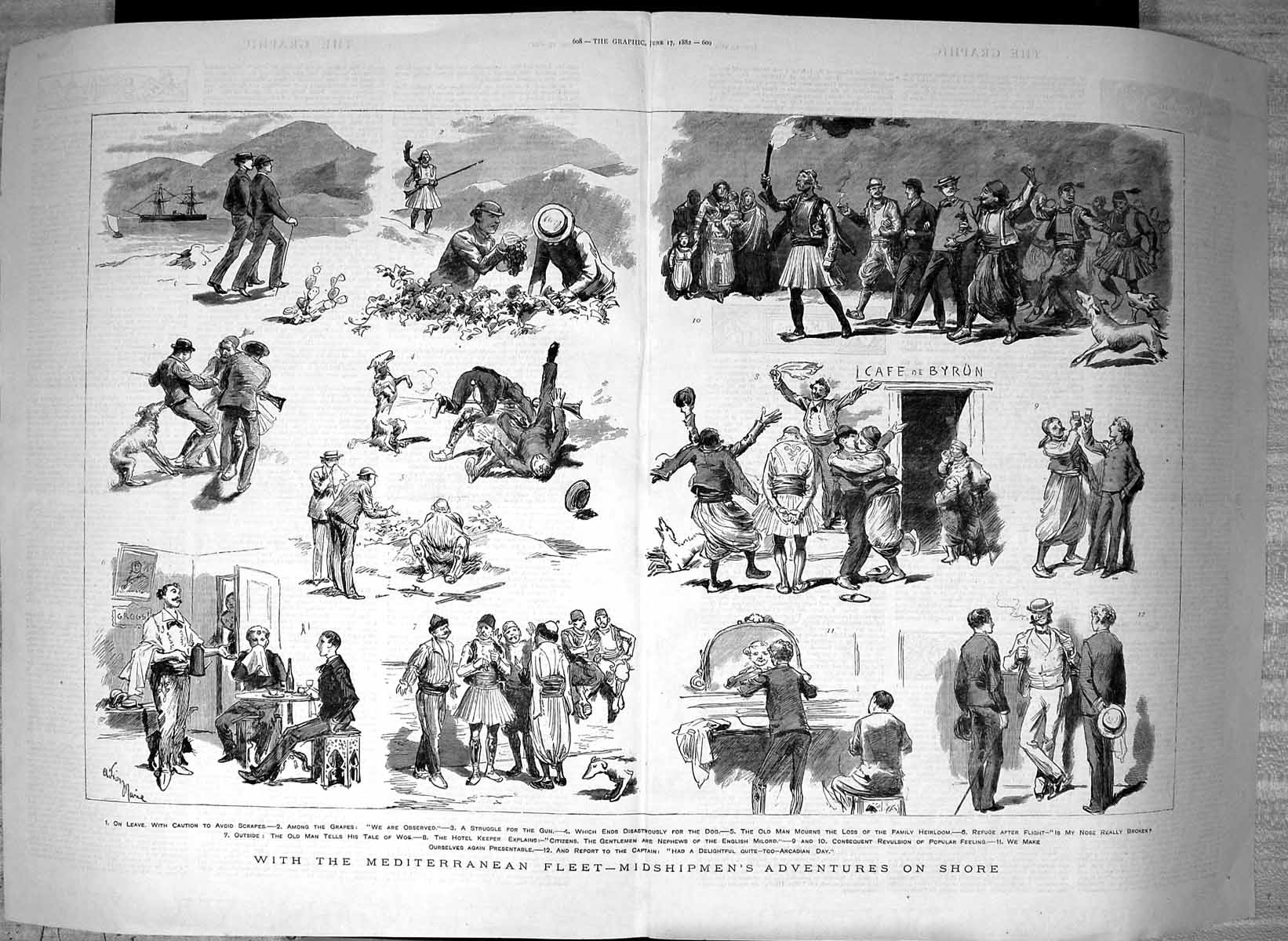 Antique Old Print 1882 Mediterranean Fleet Midshipmen Adventure Shore Hotels
