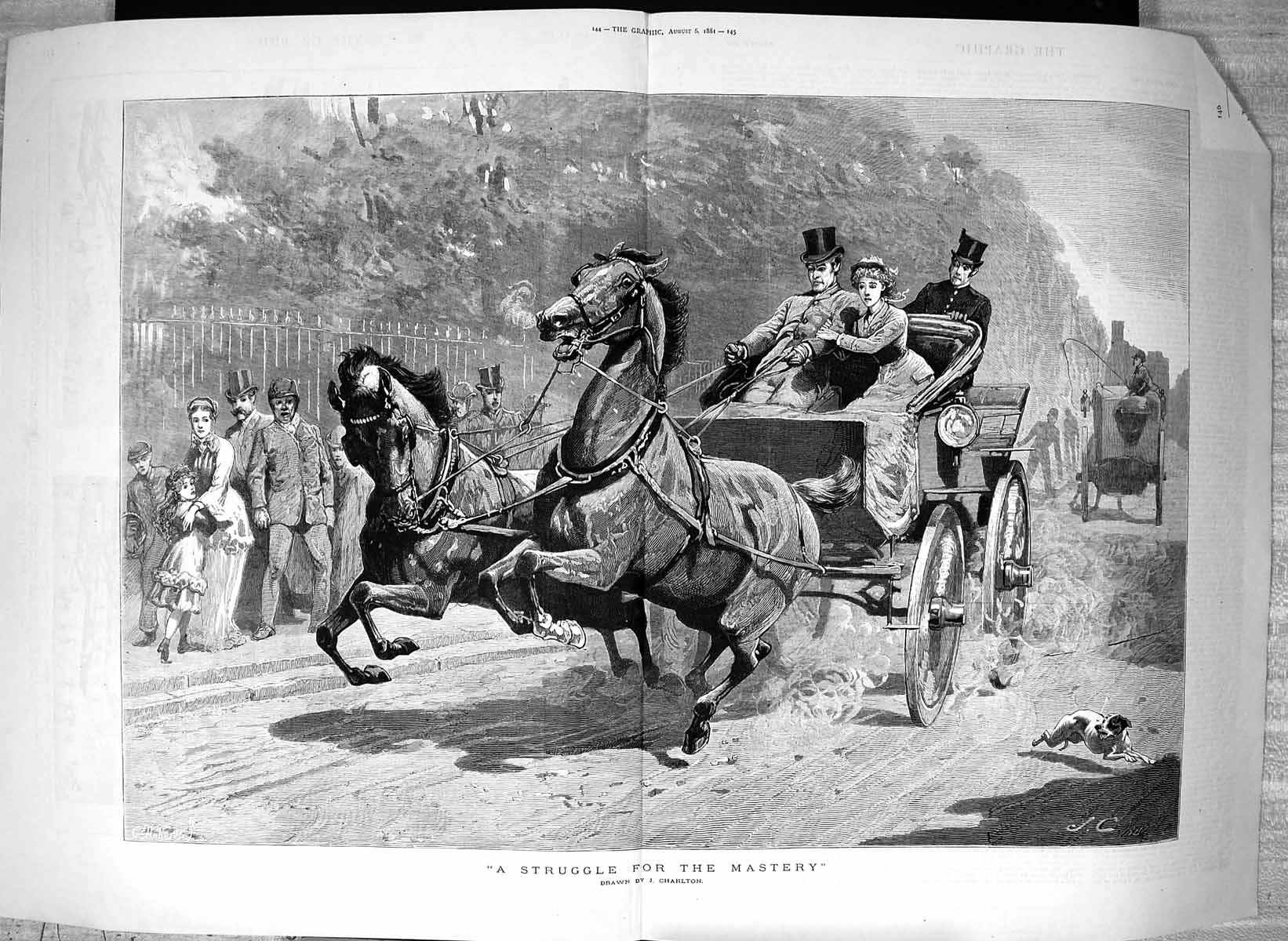 Old Antique Print 1881 Struggle Mastery Horses Coach Charlton Fine Art 19th