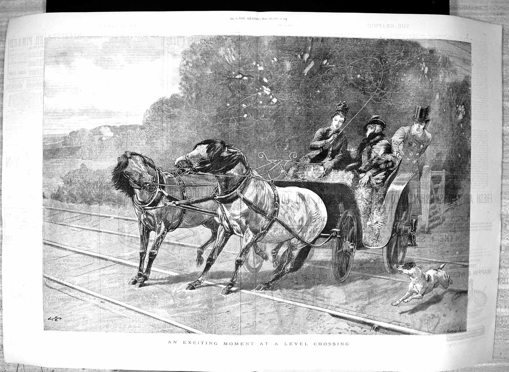 Old Antique Print 1889 Horses Carriage Startled Railway Level Crossing 19th