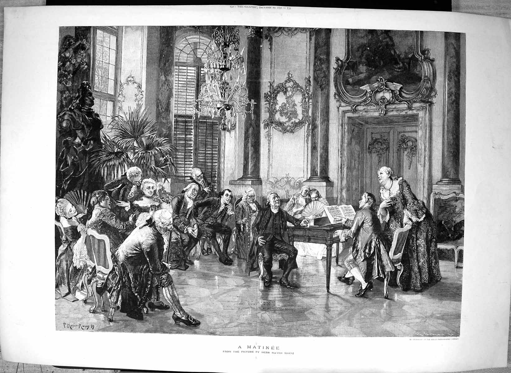 Original Old Antique Print 1891 Matinee Men Music Audience Herr Mayer Mainz