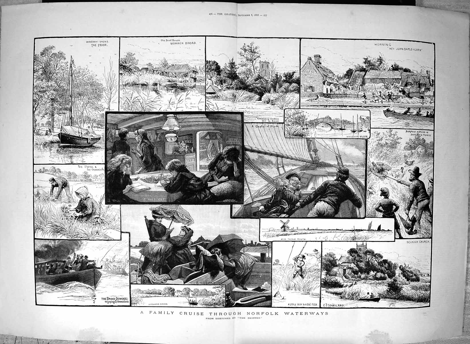 Original Old Antique Print 1888 Norfolk Borads Ranworth Church Wroxham Womack