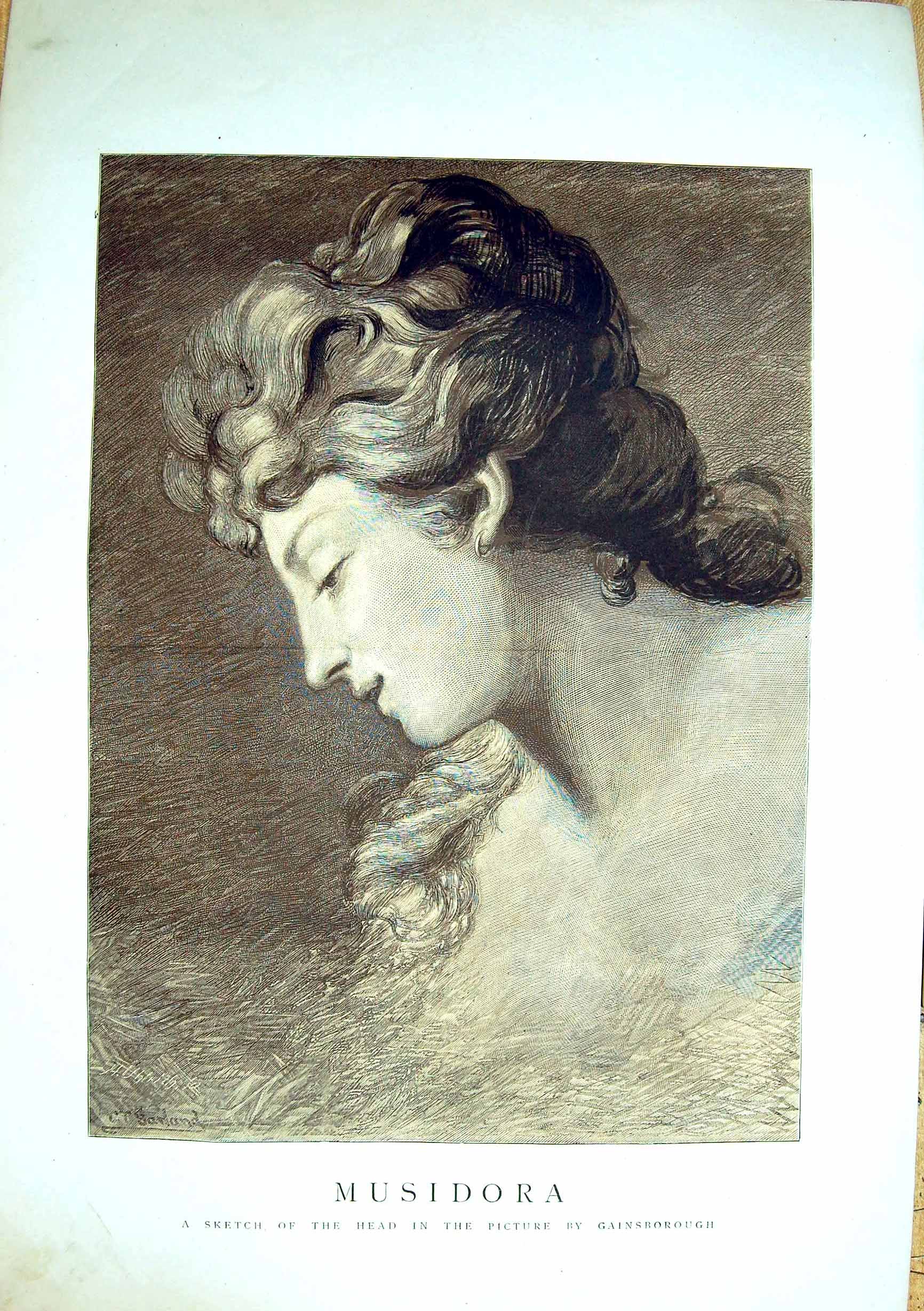 Old Antique Print Portrait Beautiful Girl Musidora Garland Gainsborough