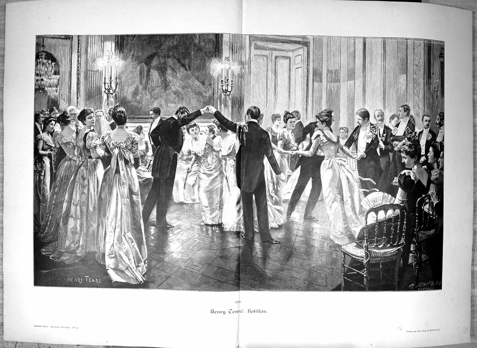 Original Old Antique Print Men Ladies Dancing Romance Henry Terne