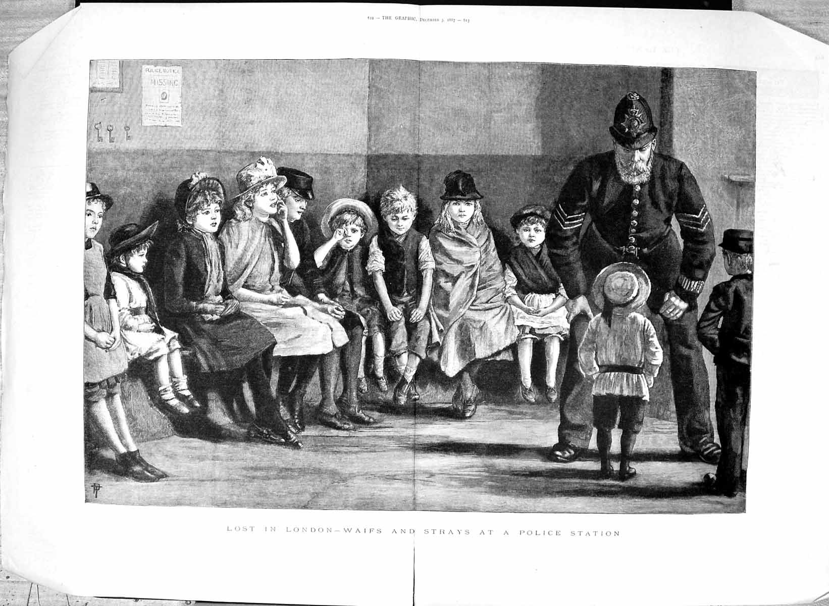 Old Antique Print 1887 London Waifs Strays Lost Children Police Station 19th