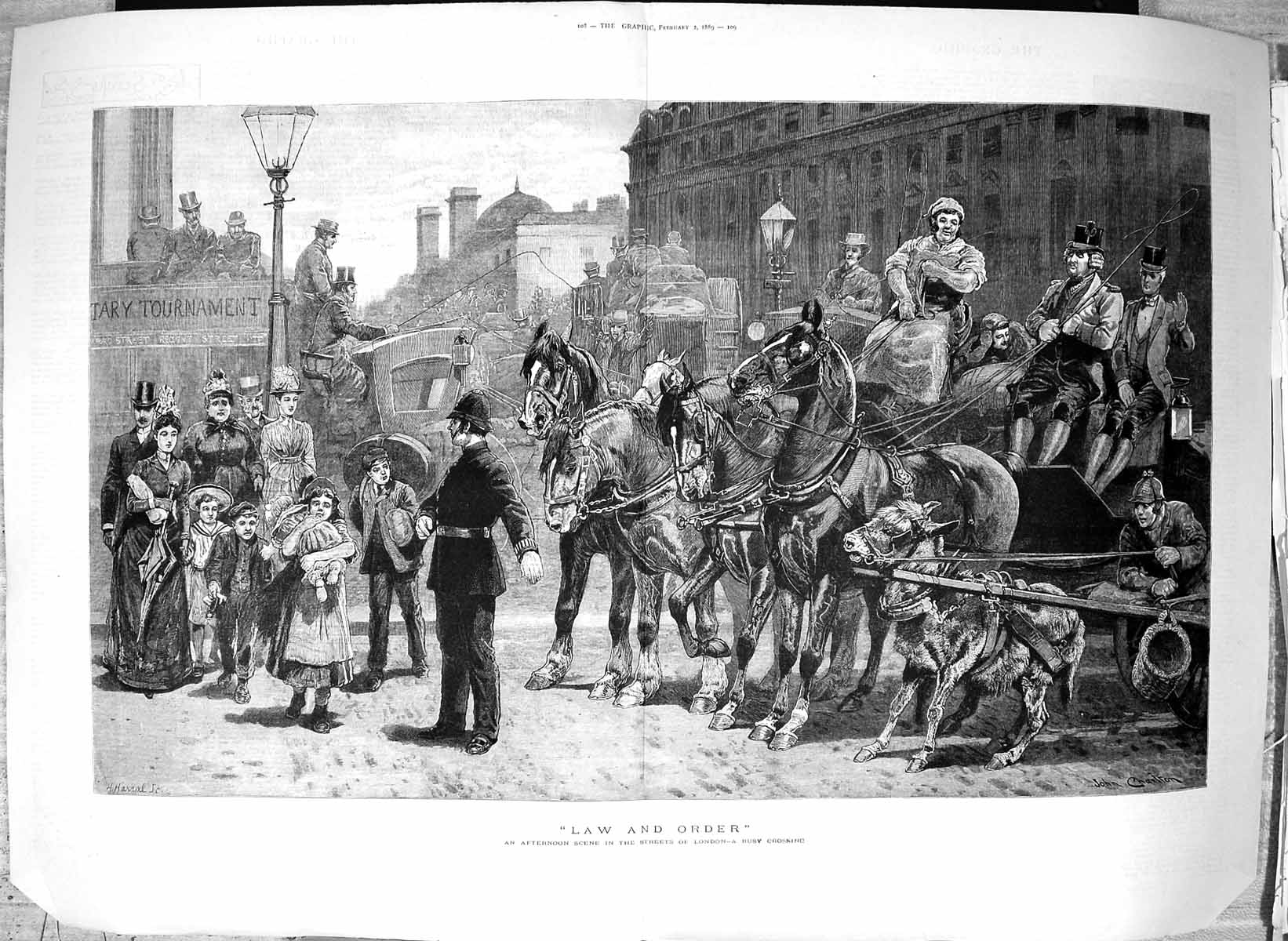 Antique Old Print 1889 Law Order Street Scene Policeman London Busy Crossing