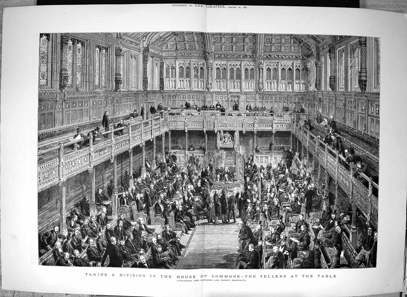 Old Print 1881 Tellers Table House Commons Parliament Hundred Portraits 19th