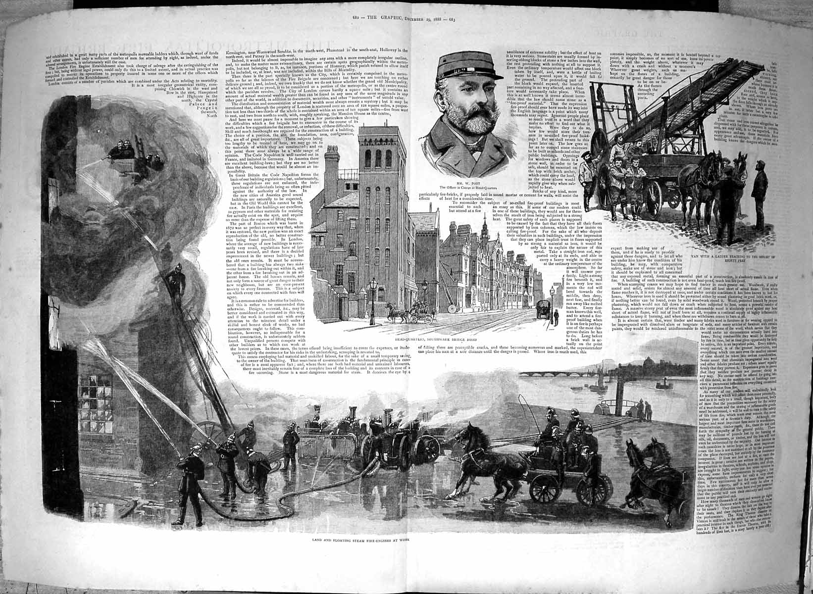 Antique Old Print 1888 Firemen Floating Steamfire-Engine Post Horses Eyre 19th