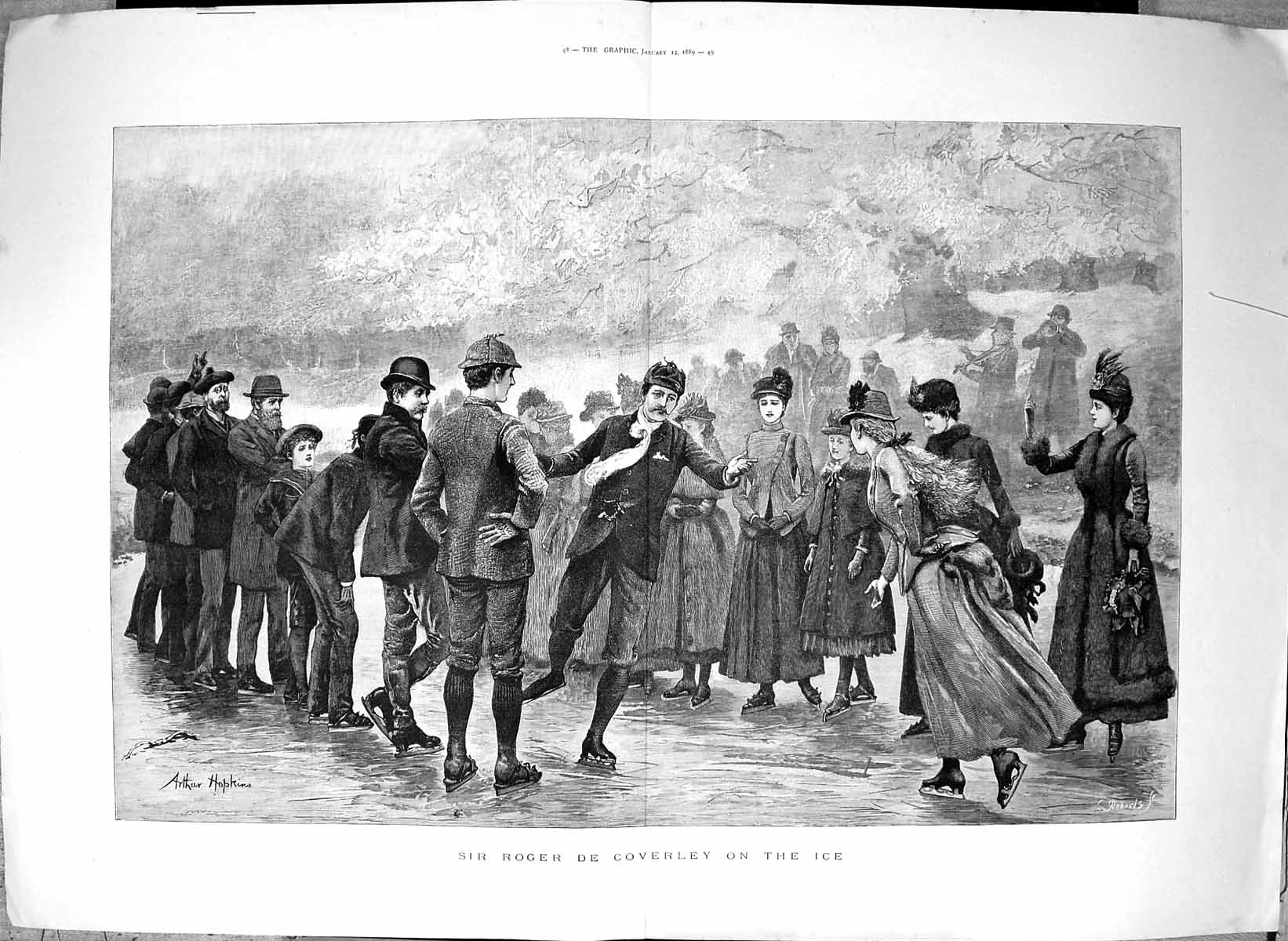 Antique Old Print 1889 Sir Roger De Coverley Ice Skating Winter Amusements