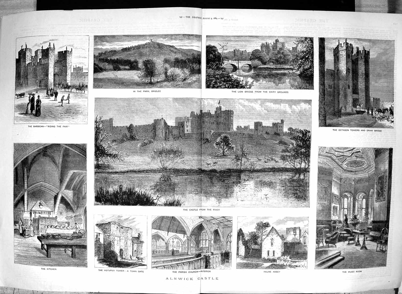 Antique Print 1884 Alnwick Castle Parish Church Lion Bridge Octagon Tower 19th