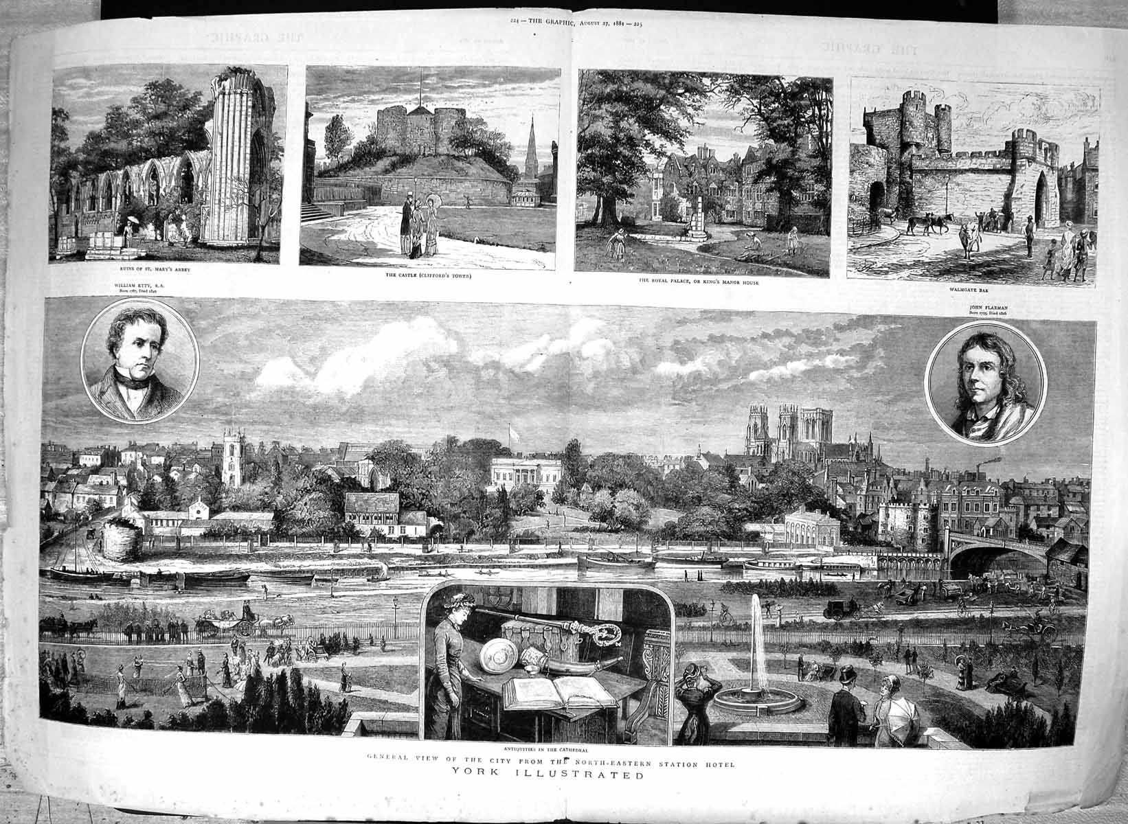 Antique Old Print 1881 York Castle Clifford'S Tower Walmgate Flaxman Etty 19th