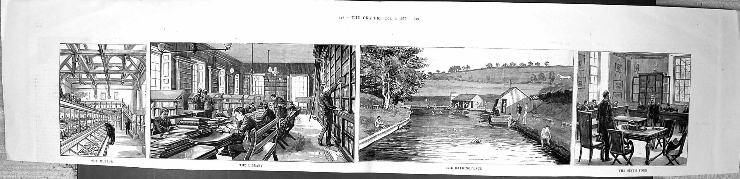 Antique Print Damaged 1886 Bathing Place Library Sixth Form Musuem School 19th