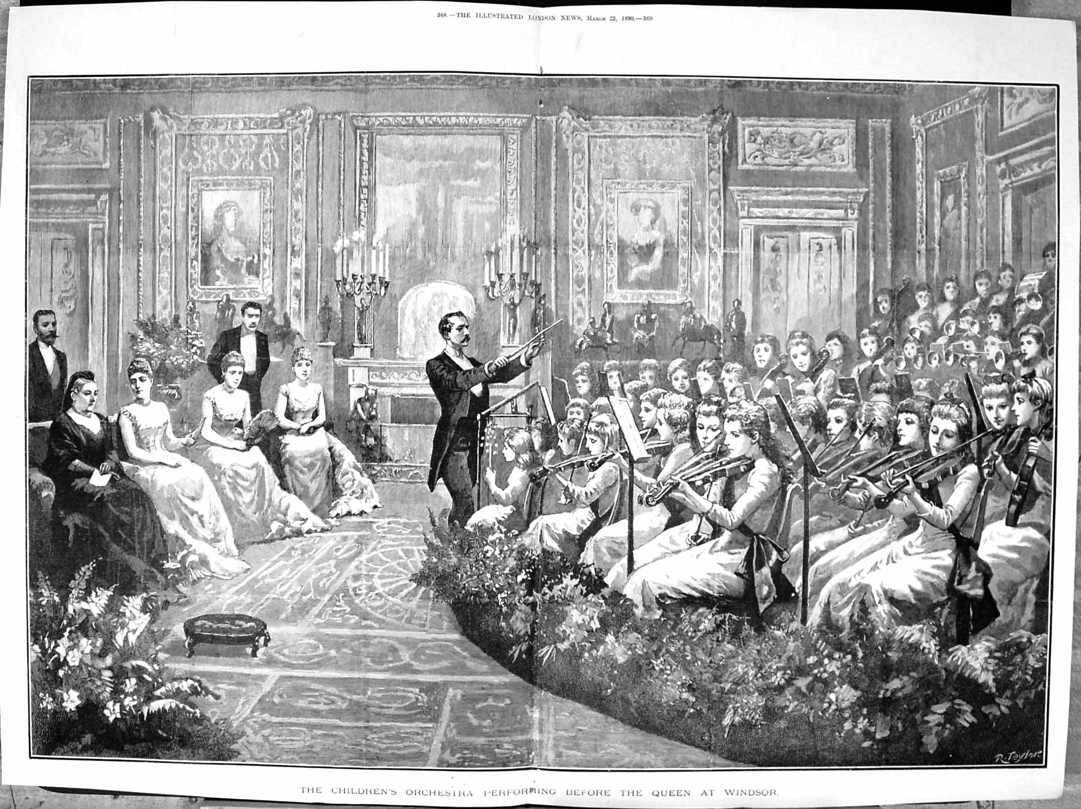 Antique Old Print Damaged 1890 Childrens Orchestra Performing Queen Windsor