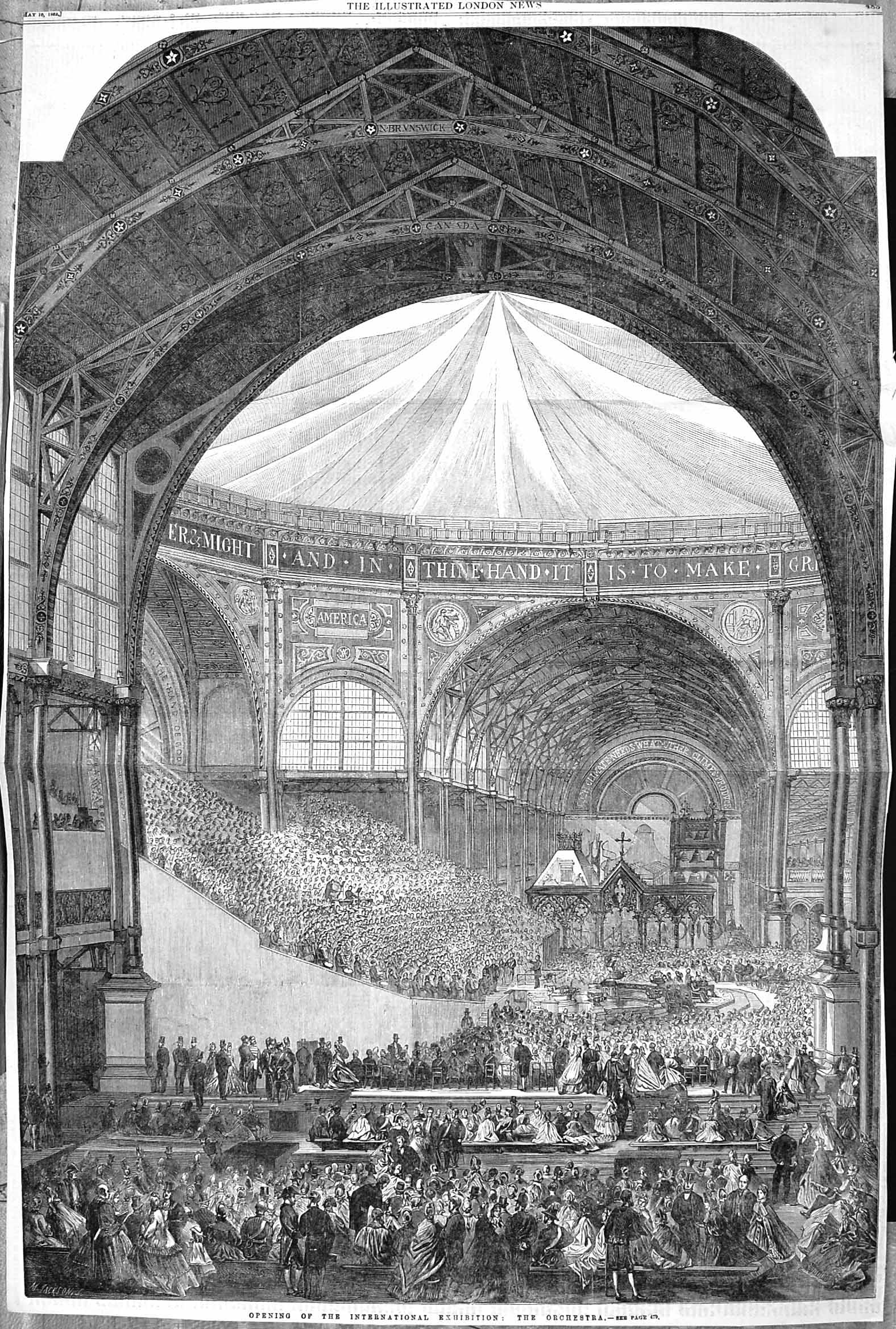 Antique Old Print Damaged 1862 Opening International Exhibition Orchestra 19th
