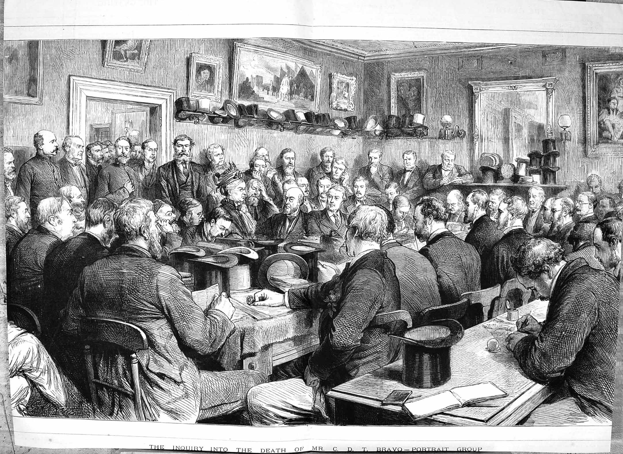 Original Old Antique Print Damaged 1876 Inquiry Death Bravo Court Room Scene
