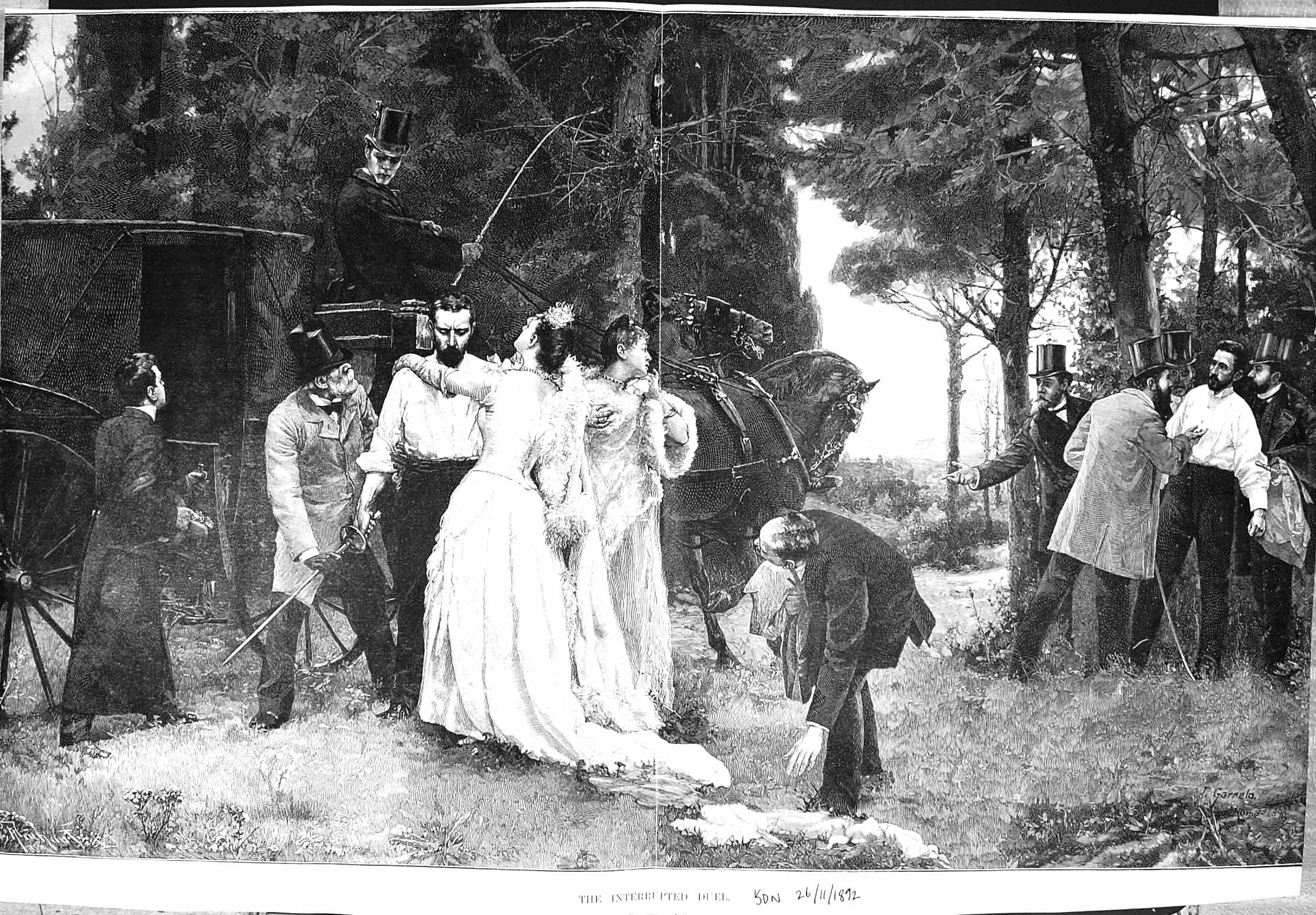 Antique Print Damaged 1892 Interrupted Duel Men Fighting Garnelo Fine Art 19th