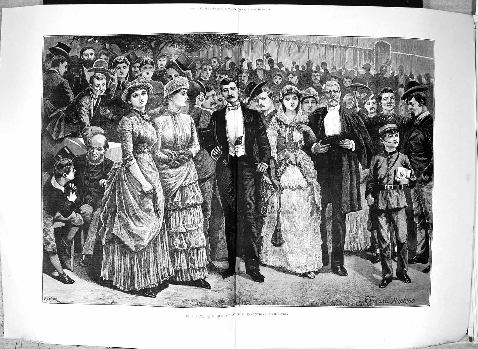 Antique Old Print Damaged 1885 God Save Queen Inventions Exhibition Hopkins