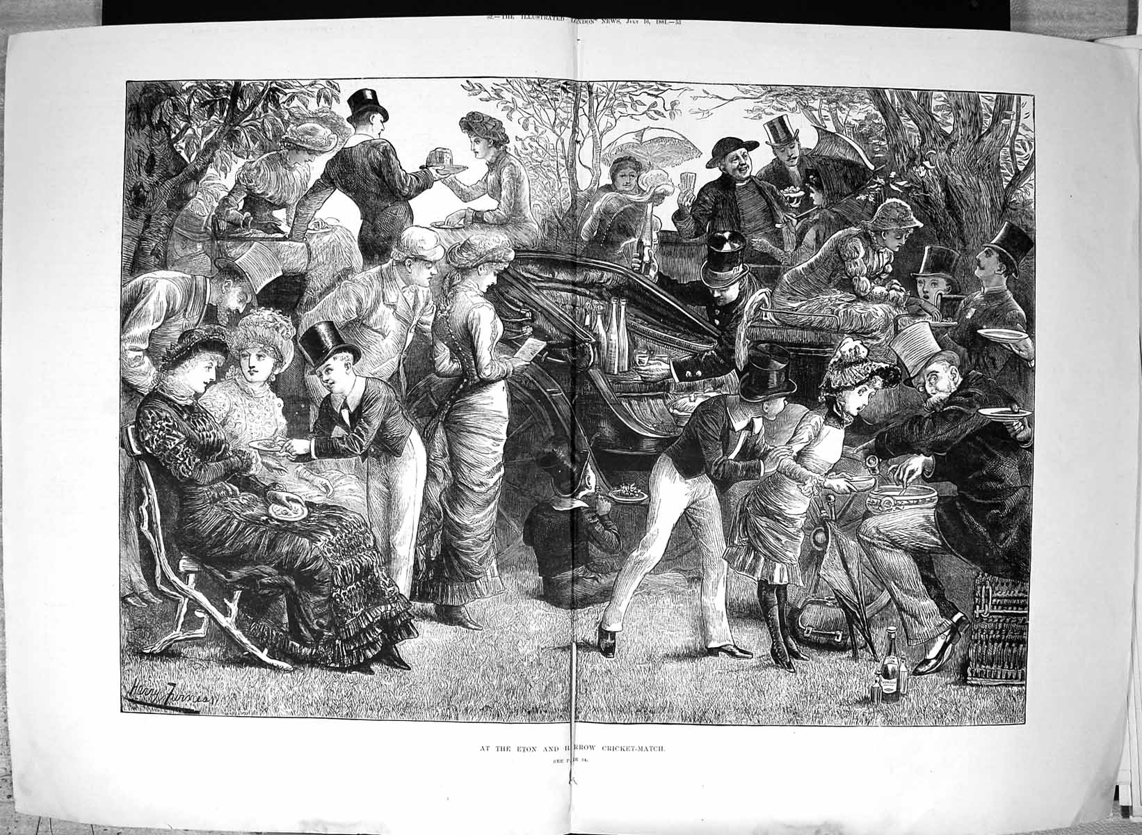 Antique Old Print Damaged 1881 Eton Harrow Cricket Match Sport Spectators 19th