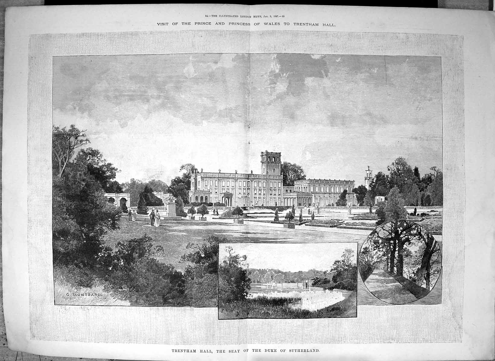 Antique Old Print Damaged 1897 Trentham Hall Duke Sutherland Architecture 19th