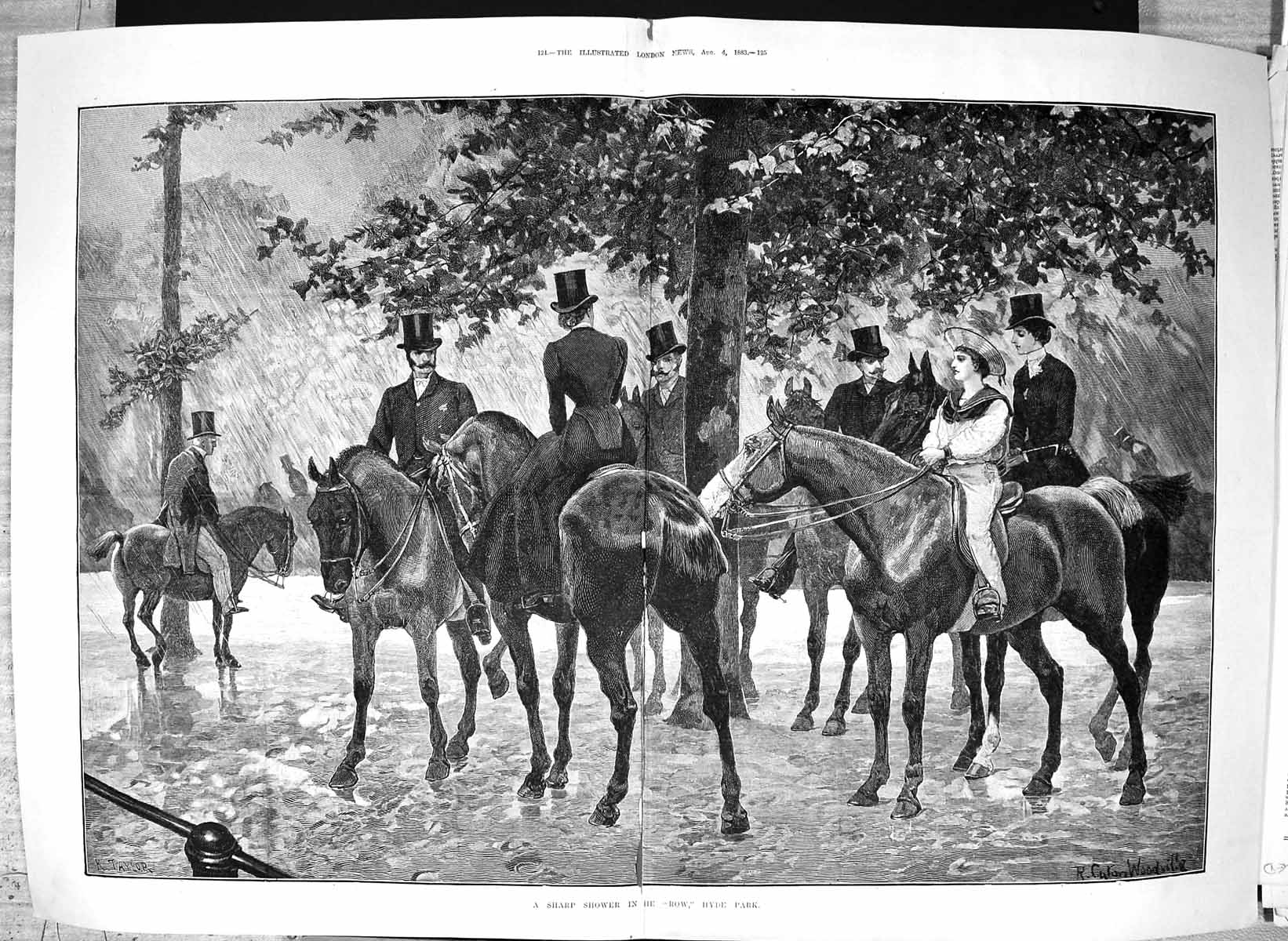 Antique Old Print Damaged 1883 Sharp Shower Rain Row Hyde Park Horses London