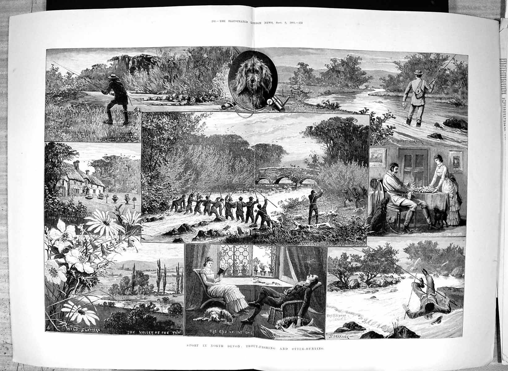 Antique Old Print Damaged 1883 Sport Devon Trout Fishing Otter Hunting River