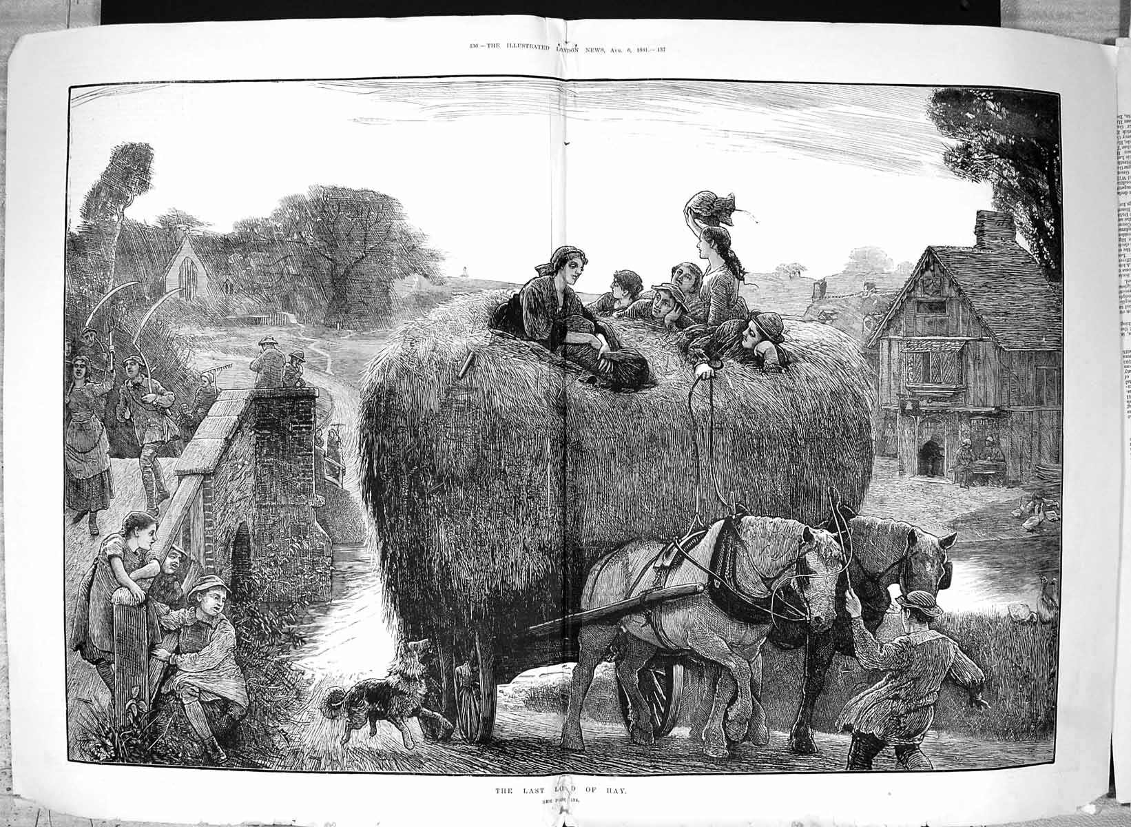 Antique Print Damaged 1881 Last Load Hay Agriculture Cart Farmyard Horses 19th