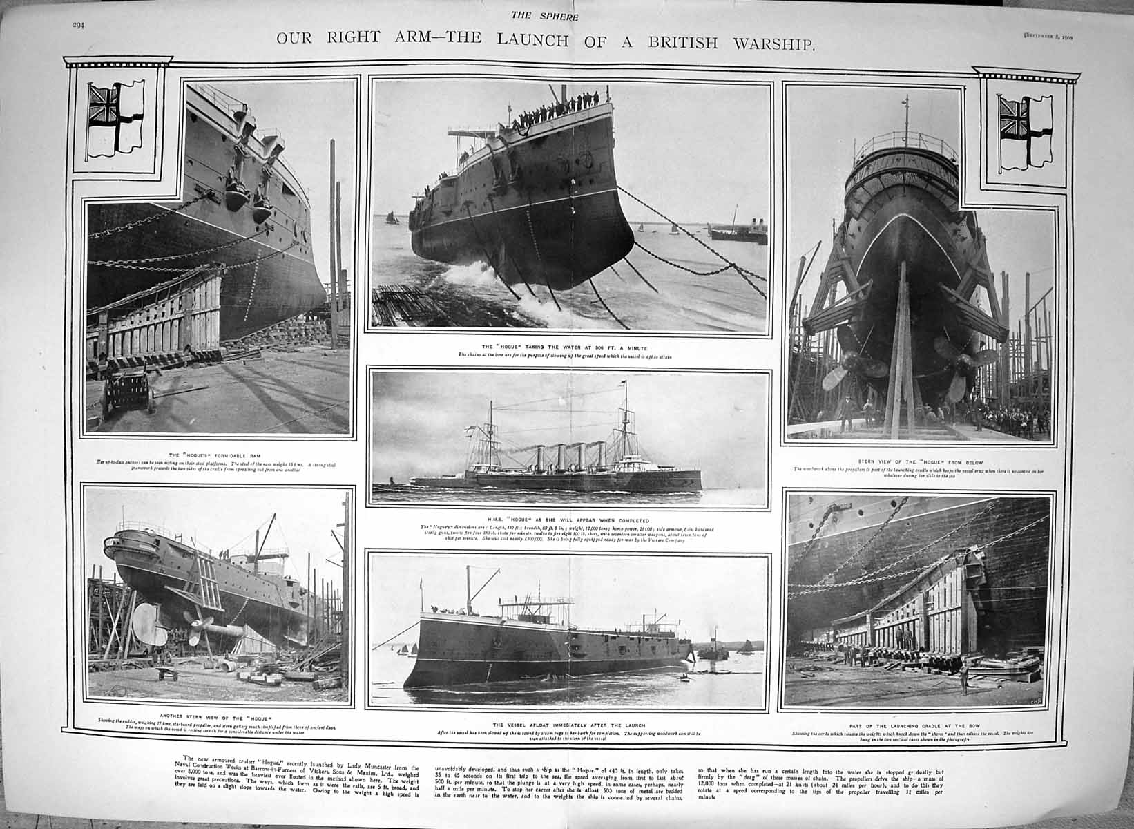 Original Old Antique Print 1900 British Warship Hogue Launch Photographs 20th