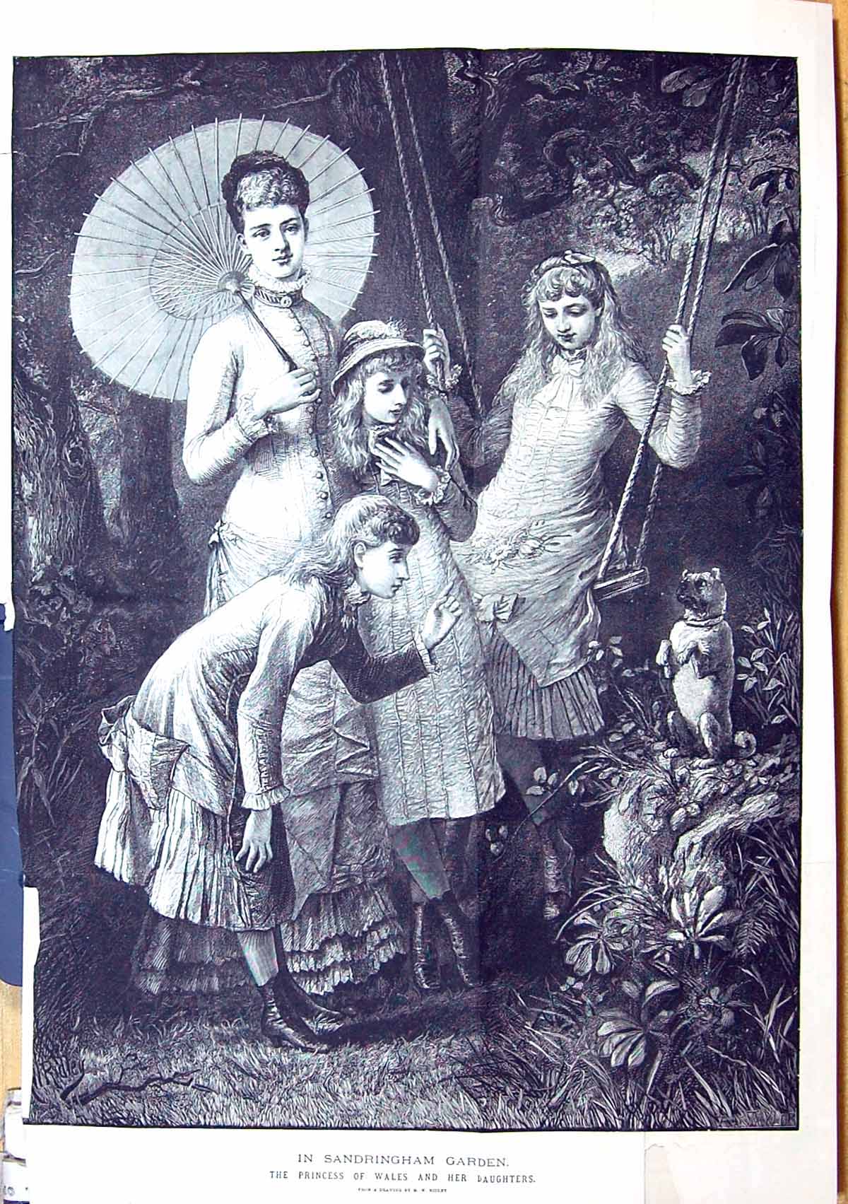 Antique Print Large Rare 1881 Princess Wales Daughters Sandringham Gardens 19th