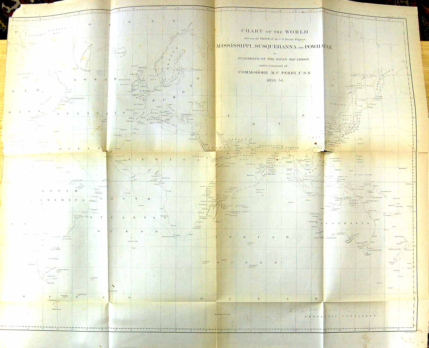 Old Damaged Large Rare Map World Steam Firgates Mississippi Perry Jap