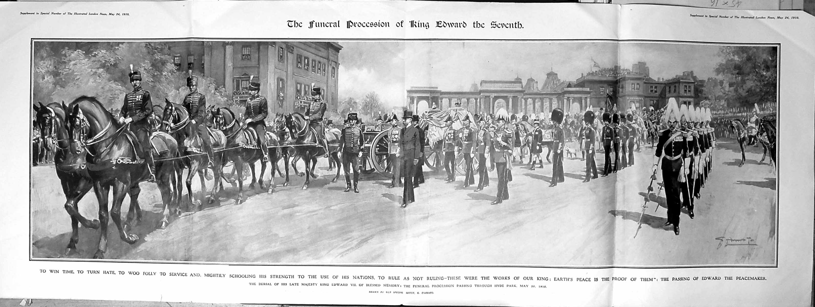 Old Print Large Rare 1910 Funeral Procession King Edward Hyde Park London 20th